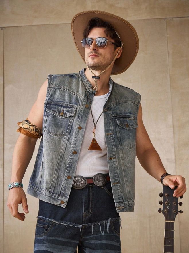 Vintage Washed Denim Vest Men Blue Sleeveless Jean Jacket Retro Casual US Local Stock photo 1