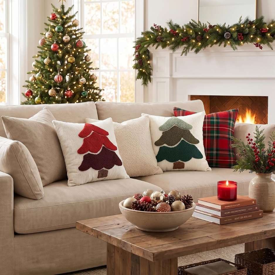2Pcs Chenille Christmas Tree Pillow Covers 18x18, Green Holiday Decor photo 4