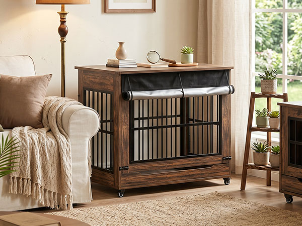 46in Large Dog Crate Furniture, Double Door Wooden Indoor Dog Kennel Furniture, Decorative Pet Cage End Table With Wheels For Extra Large Breed Dogs, Size 2XL, Greige photo 6