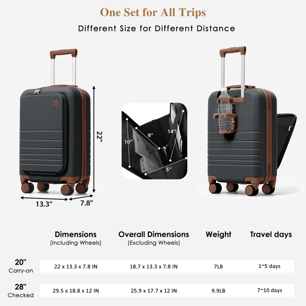 4-Piece Luggage Set With USB Charging Ports - 20in Carry-On Front-Opening For Laptop 28in Checked Suitcase With TSA Lock Travel Duffel Bag Wet-Dry Toiletry Bag, Black And Brown photo 5