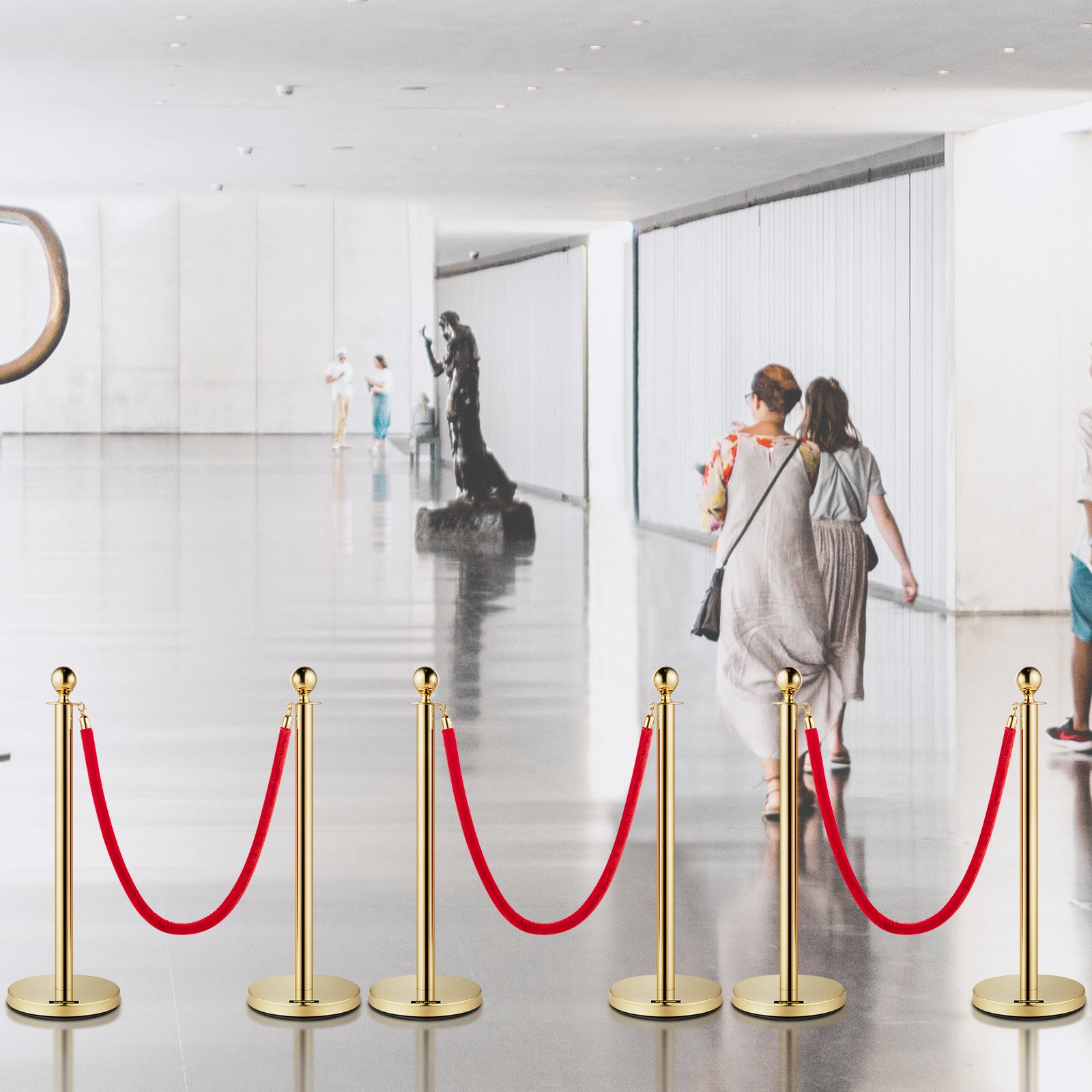 Velvet Ropes And Posts, 5 Ft-1.5 M Red Rope, Stainless Steel Gold Stanchion With Ball Top, Red Crowd Control Barrier Used For Theaters, Party, Wedding, Exhibition, Ticket Offices Pack Sets -6 photo 3