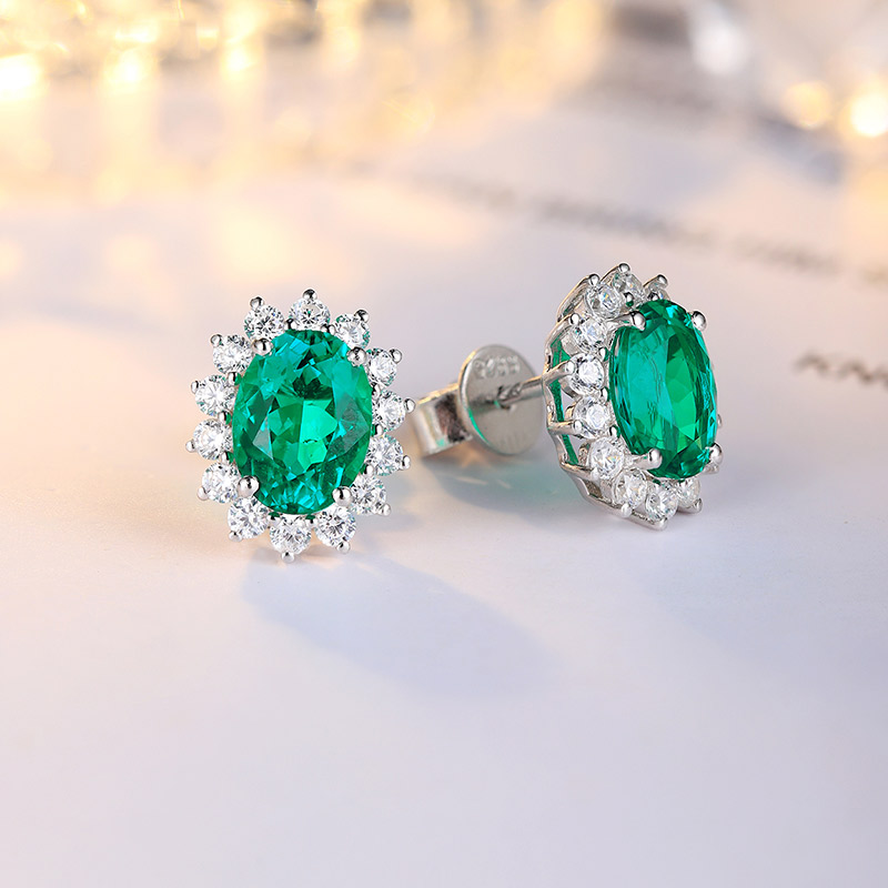 S925 Silver 3.1g Lab-Created Ruby Sapphire Emerald Paraiba Earrings, 8x6mm Halo, 4 Colors photo 6