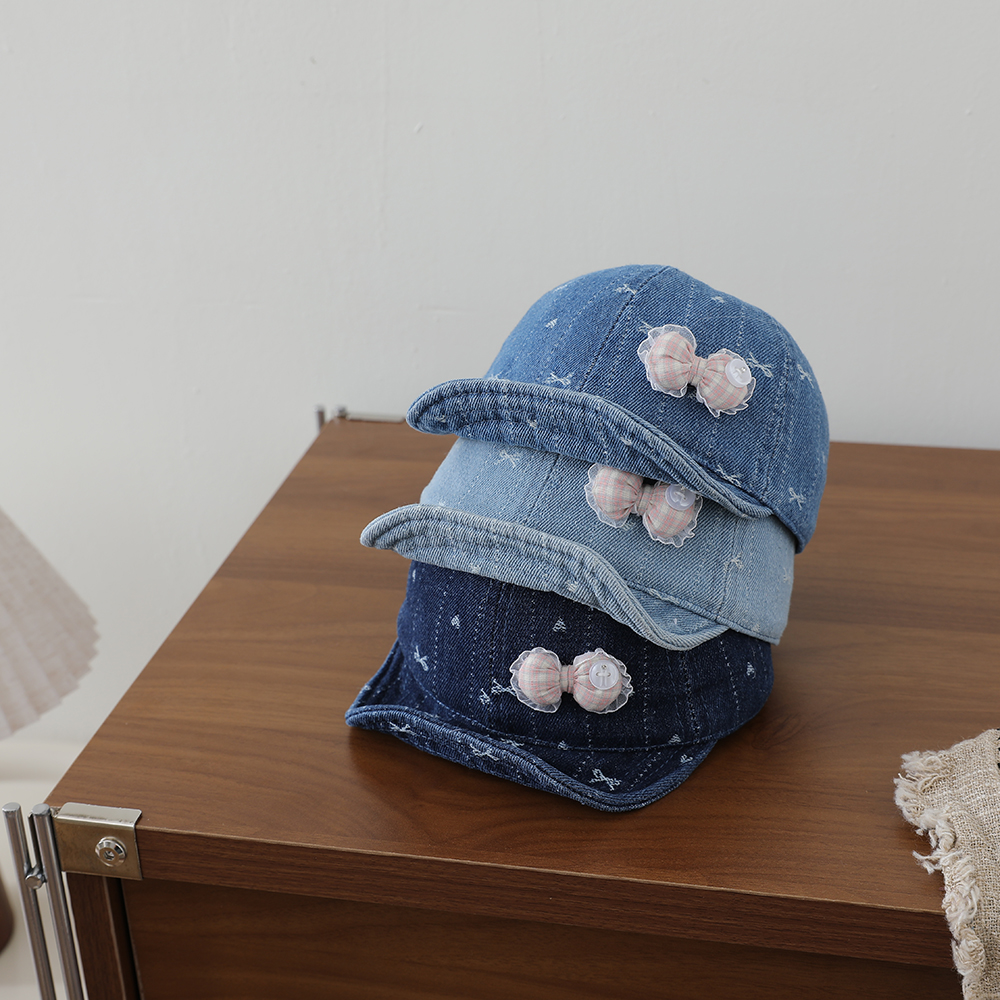 Striped Lace Bow Girl's Denim Baseball Cap, Baby-sized, Washed, Jacquard, Frayed, Heart-shaped Soft Brim Hat photo 7