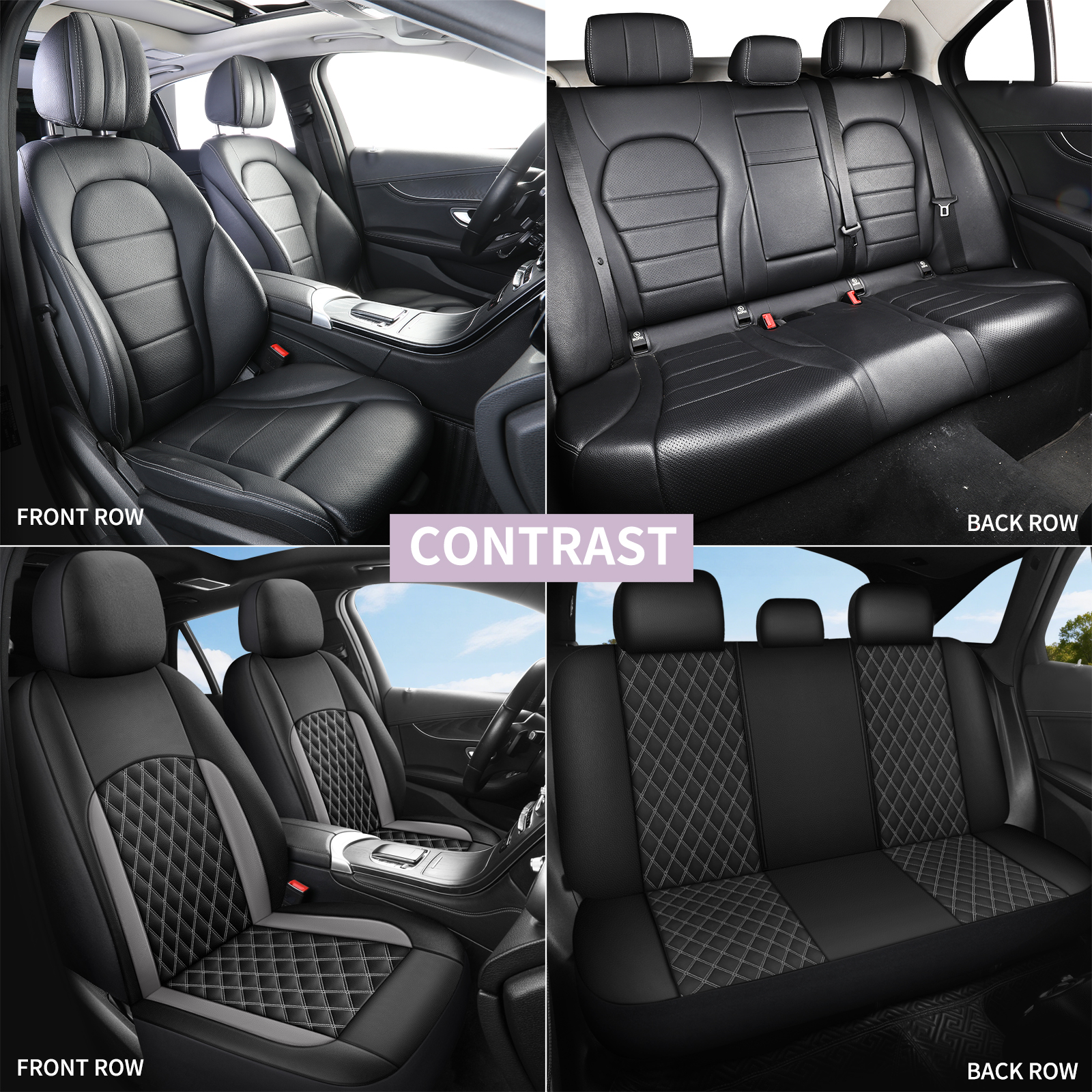 Sport Racing Style PU Leather Car Seat Covers Full 5 Seats, Dual Side Colored Double Stitch Diamond Grid  Inner Diamond Thread All White , Breathable Wearproof Universal Auto Seat Cushion Protector photo 6