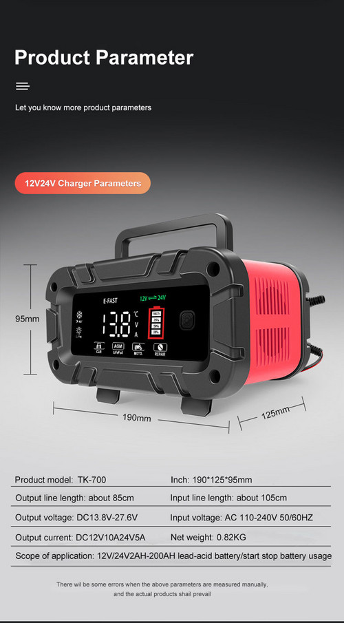 12v&20A 24v&10A Smart Battery Charger Lifepo4 Lead-Acid Agm&Gel Trickle Charger Battery Maintainer For AGM Lithium Motorcycle Boat Caravan Batteries 19x12.5x9.5cm Red photo 5