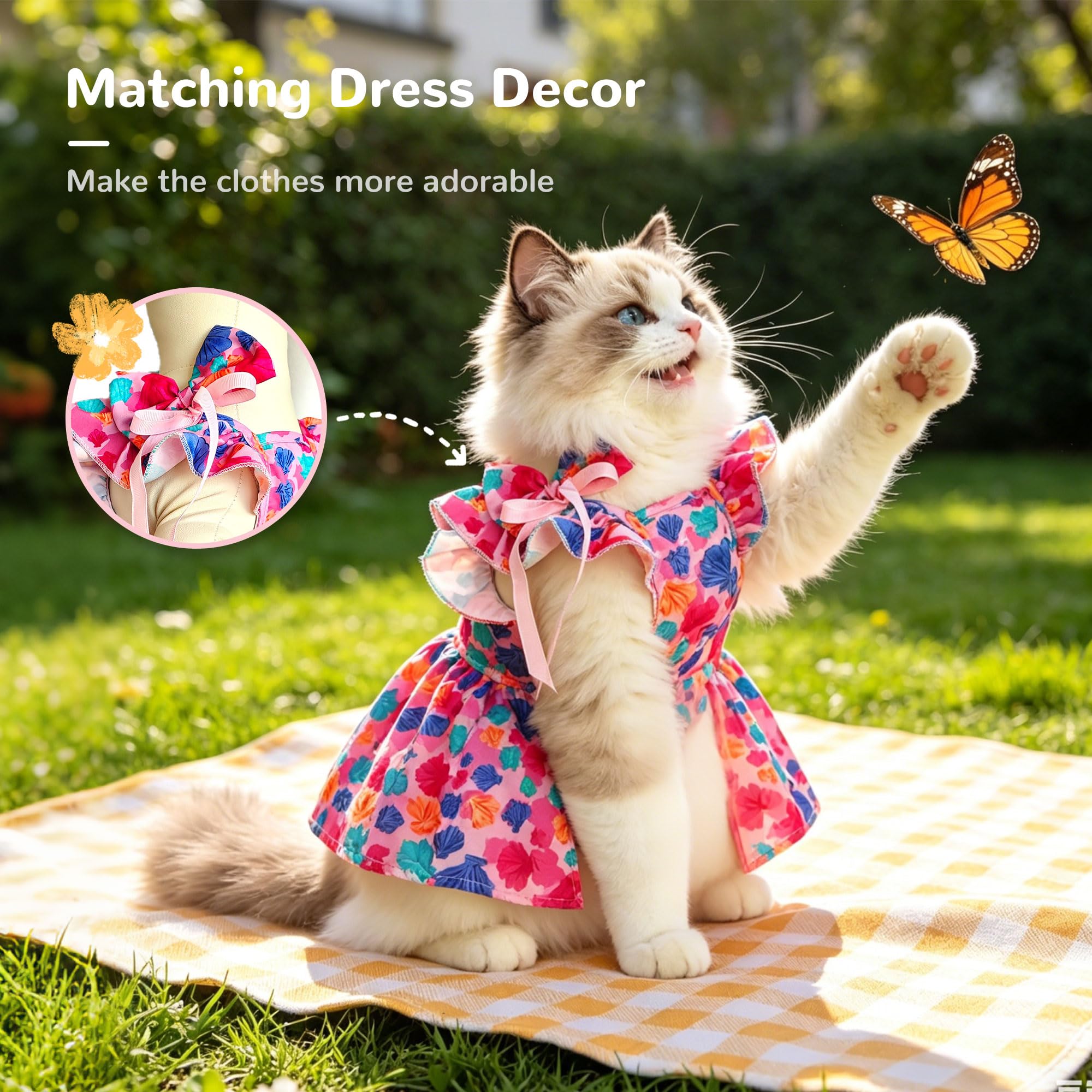 Cute Floral Small Dog Cat Harness Dress Outfits With Bow & Leash D-Ring,Soft Breathable Summer Ruffle Puppy Clothes Girl,3-Way Styling Female Dog Clothes For Chihuahua Yorkie Maltese photo 7