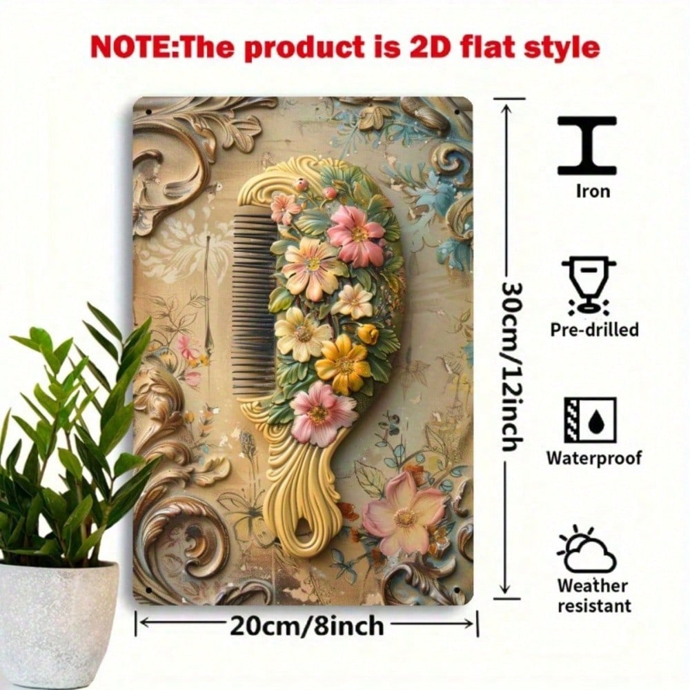 Vintage French Hair Comb Metal Wall Decor Sign, Humorous Floral Hanging Art photo 1