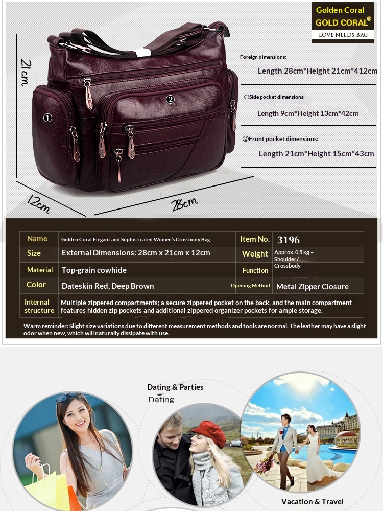 New Cowhide Single Shoulder Crossbody Bag For Middle-aged And Elderly Mothers, Layered Leather Crossbody Casual - Date Red photo 5