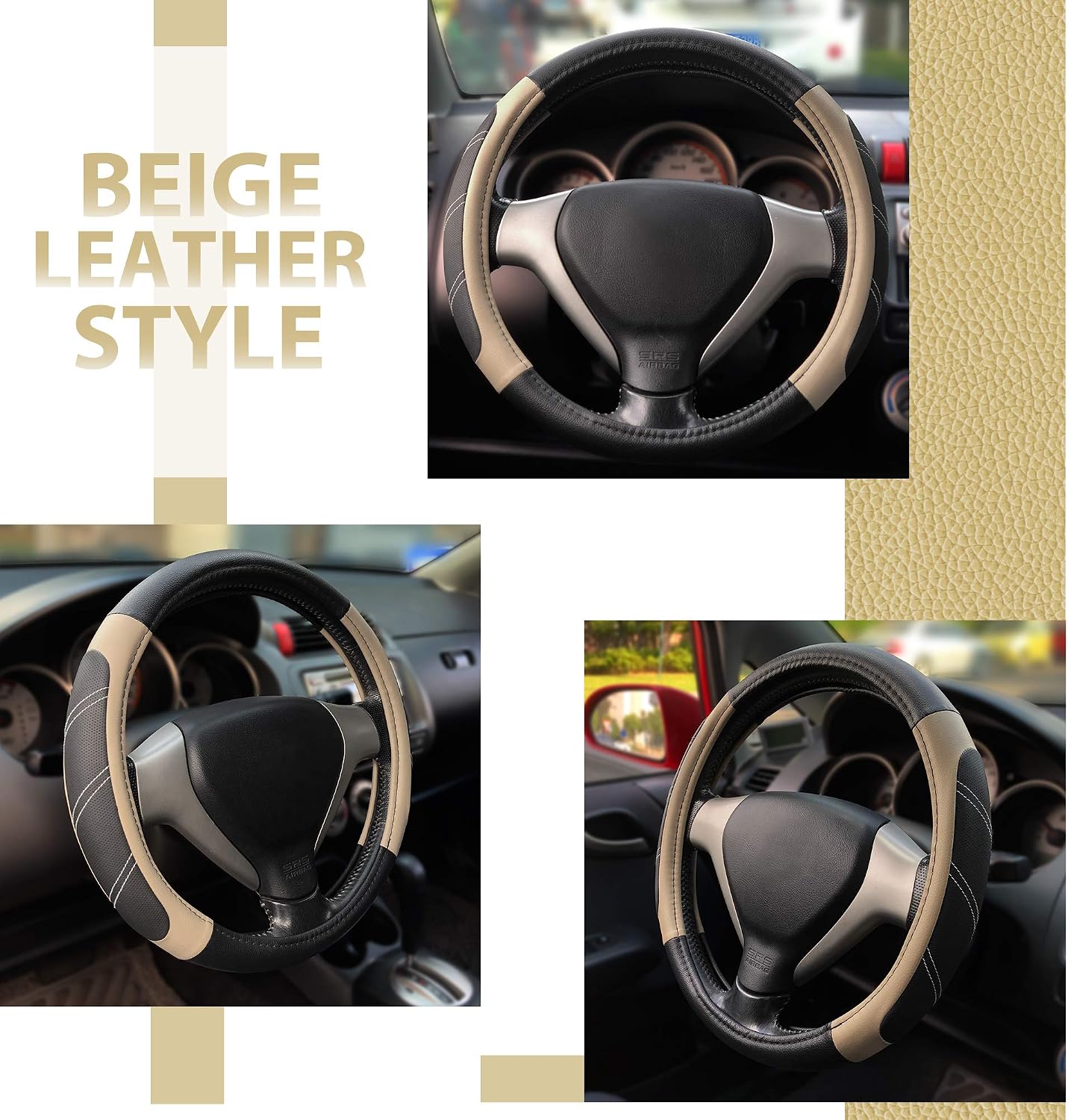 Sport Leather Steering Wheel Cover 14.5-15 Inch, Soft Padded Anti Slip Grip For Cars, Trucks, SUVs And Jeeps, Black Beige photo 3