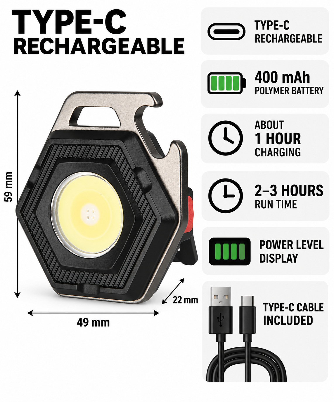 Rechargeable Magnetic Battery Display Type C LED Work Light Hanging Hook W5131 500LM 3 Hour photo 3