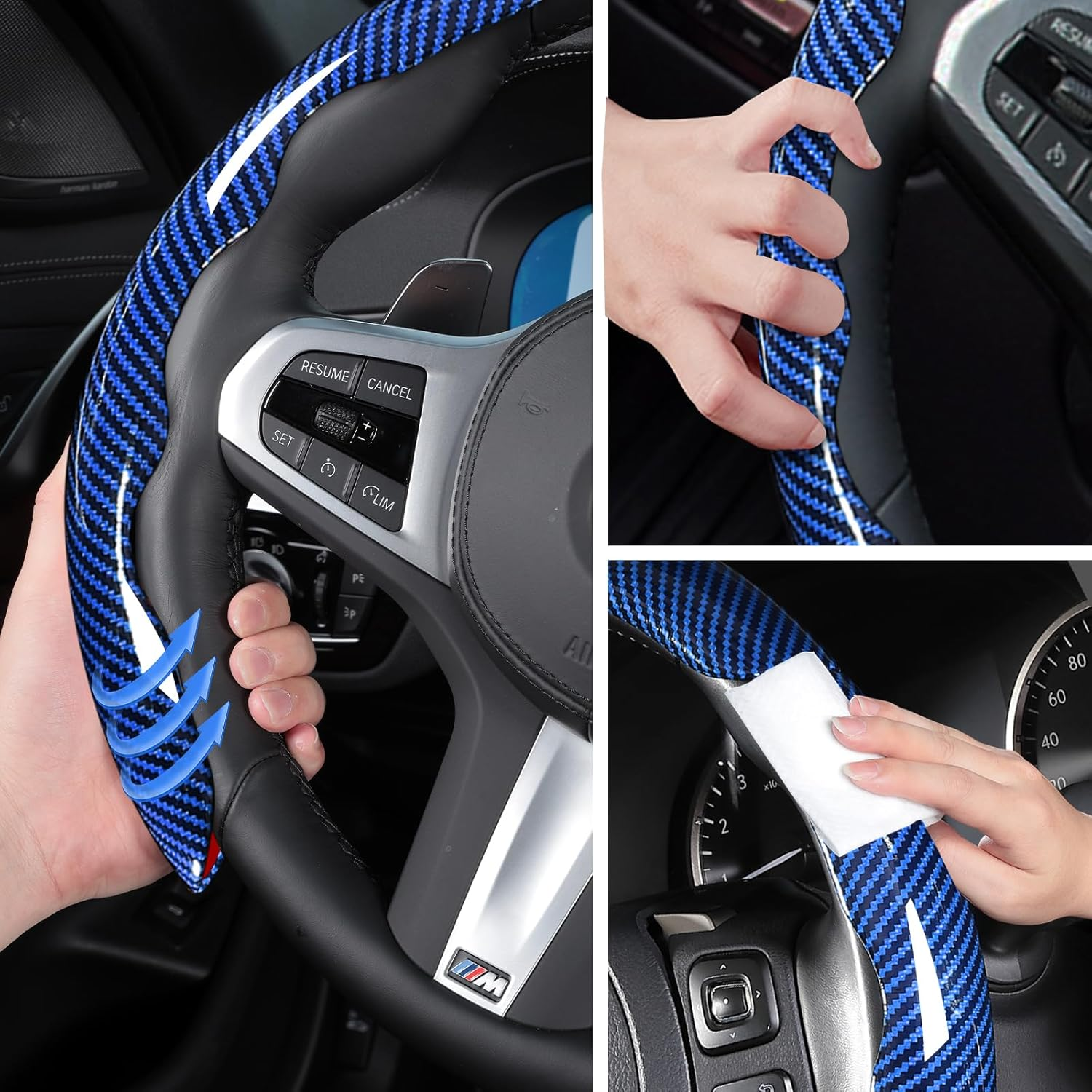 Carbon Fiber Steering Wheel Covers 3 Piece Clip On Steering Wheel Cover Blue photo 2