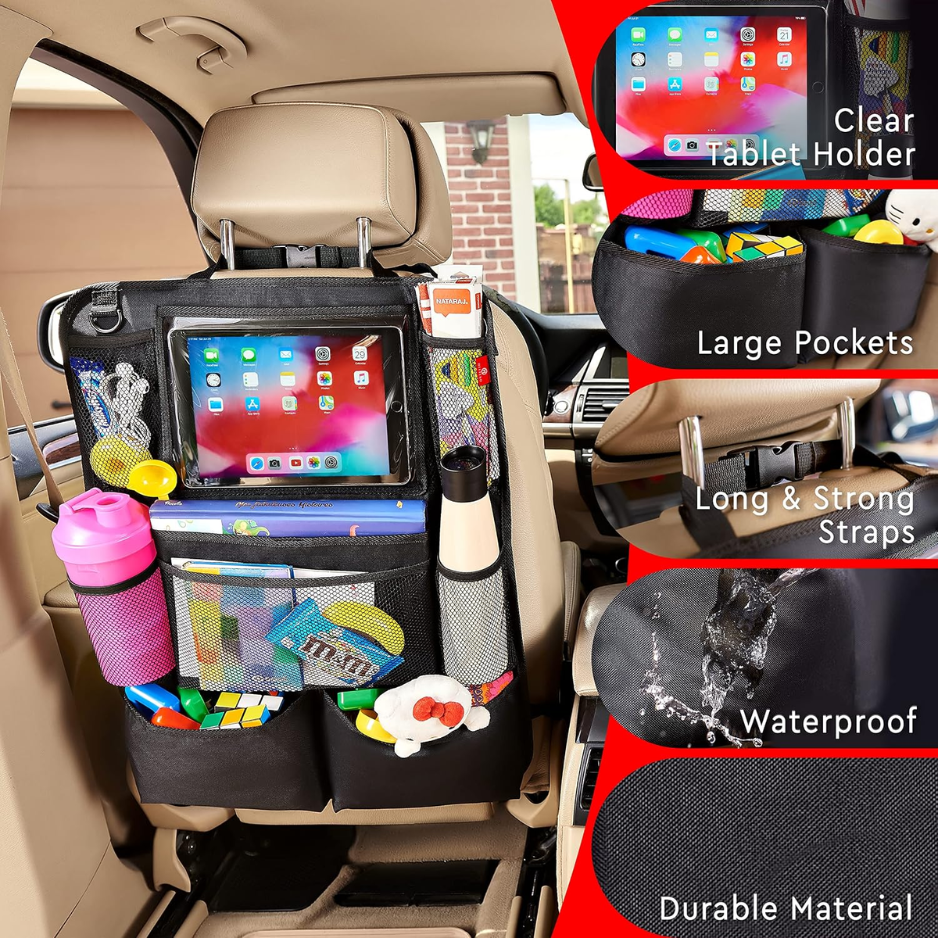 Backseat Car Organizer 2 Units, Kick Mat And Seat Back Protector With Tablet Holder And 9 Storage Pockets, Black photo 2