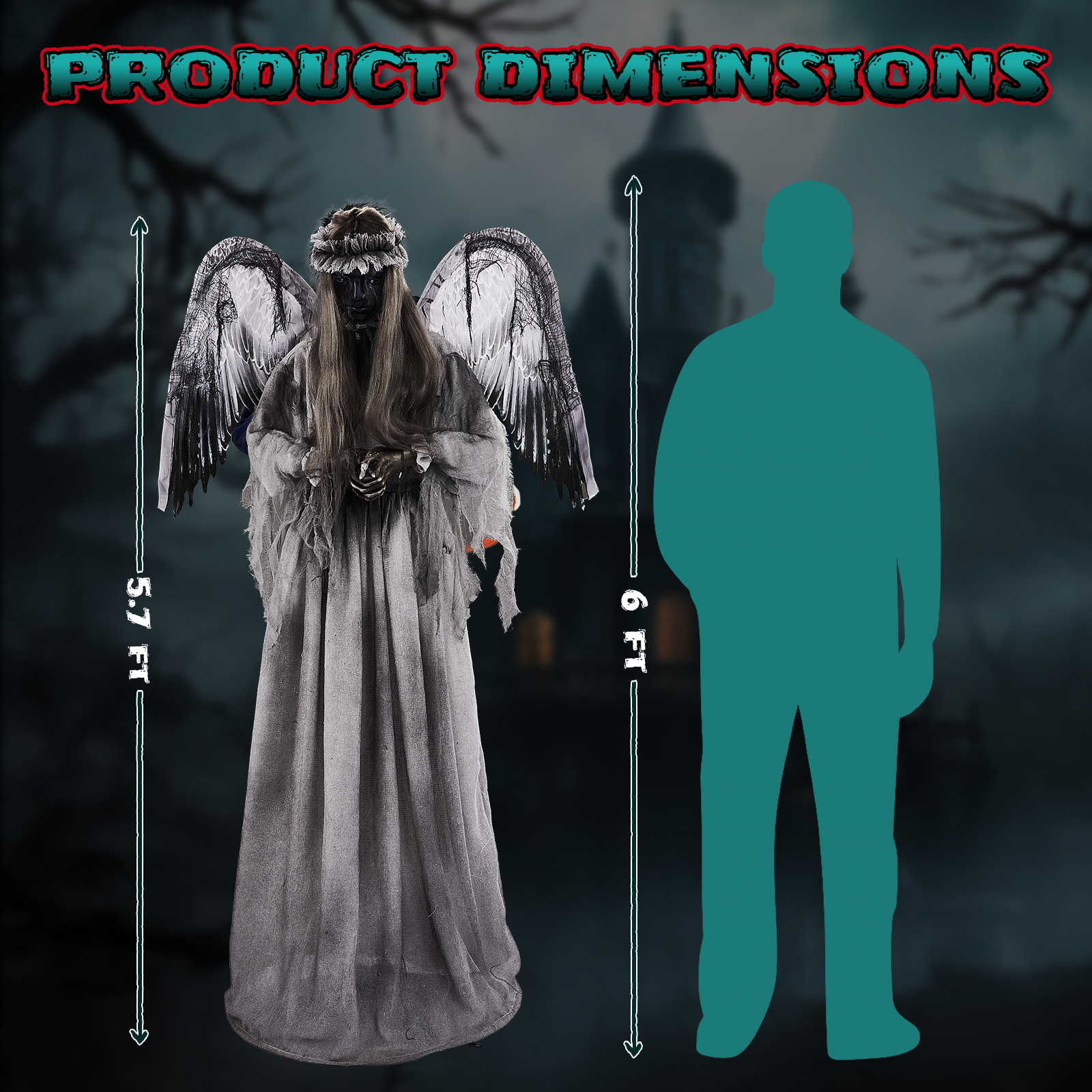 5.7-foot Halloween Weeping Angel Decoration With Red Light Eyes, Sound Activated Trembling, Rotation And Head Up Actions, Weeping And Scream Sound Effects, Excluding Battery Powered photo 6