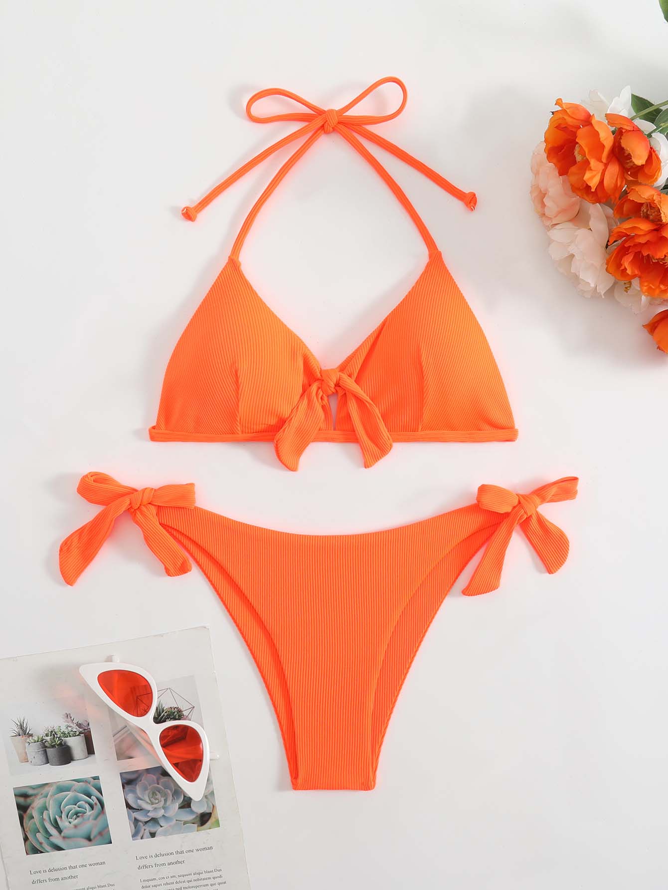 2026 New Solid Color Sexy Circular Cutout Split Set Swimsuit Straps Over-the-Shoulder Halter Two-Piece Bikini Set photo 3