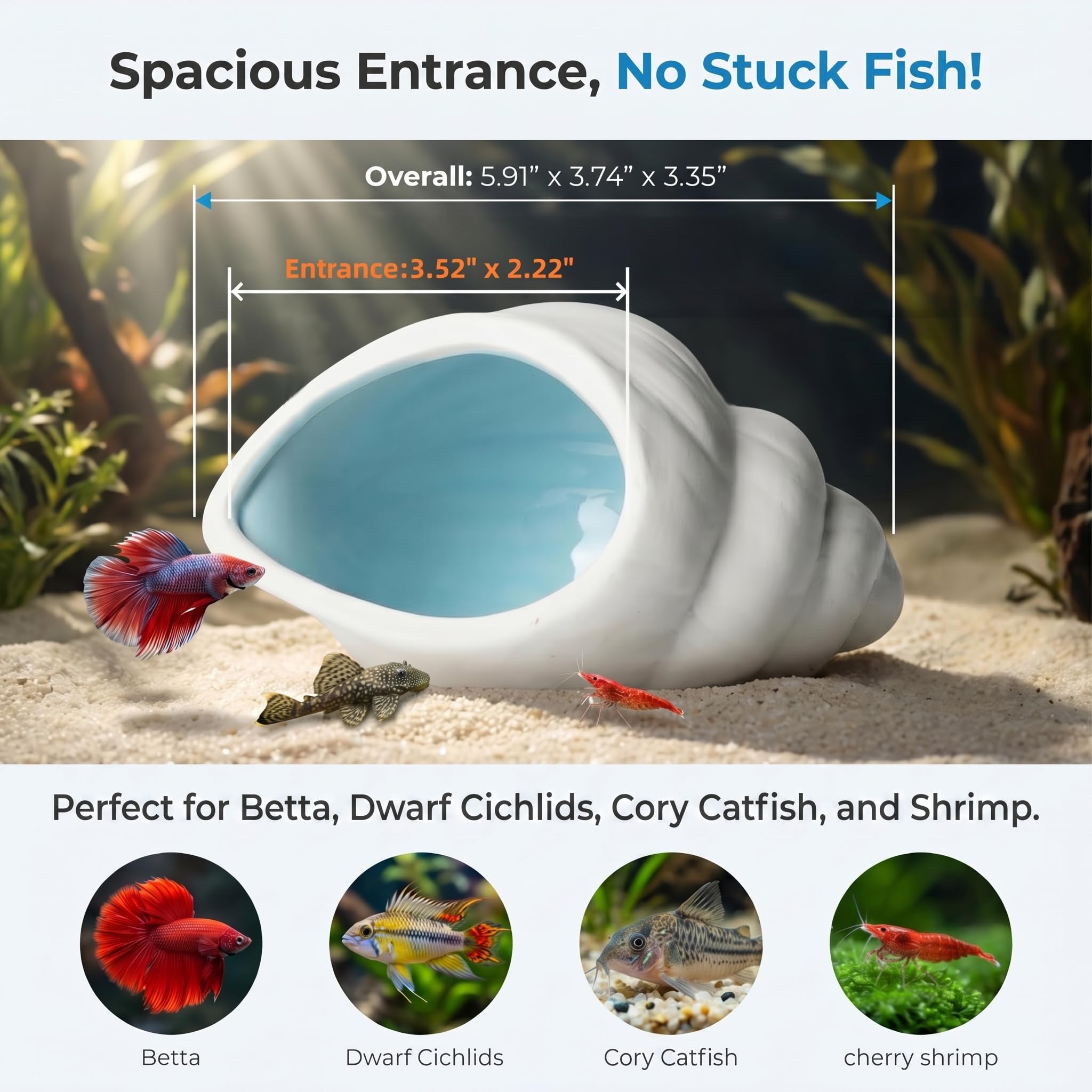 Ceramic Aquarium Cave For Betta Fish Tank Decor, White Conch Shell Hideout, Smooth Glaze Fish Tank Accessories & Decorations For Betta Fish, Shrimp, Pleco photo 2