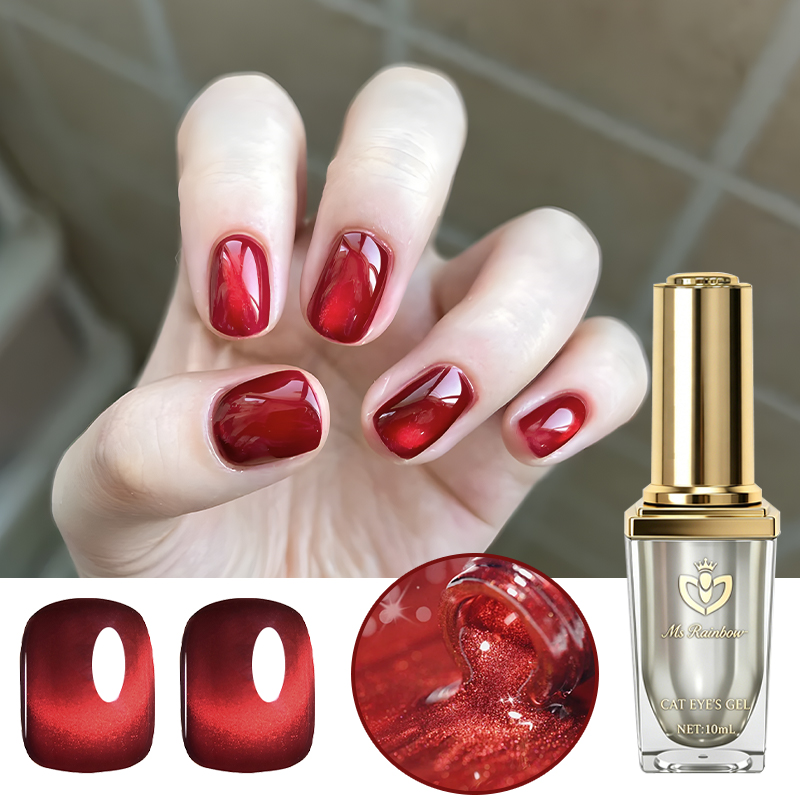 Ms Rainbow Starry Series Cherry Red Magnetic Cat Eye Gel Polish 10ml, Glossy Crystal Red Shimmer Nail Gel, Long Lasting No Chipping LED Soak Off, Viral Trendy Salon Manicure photo 1
