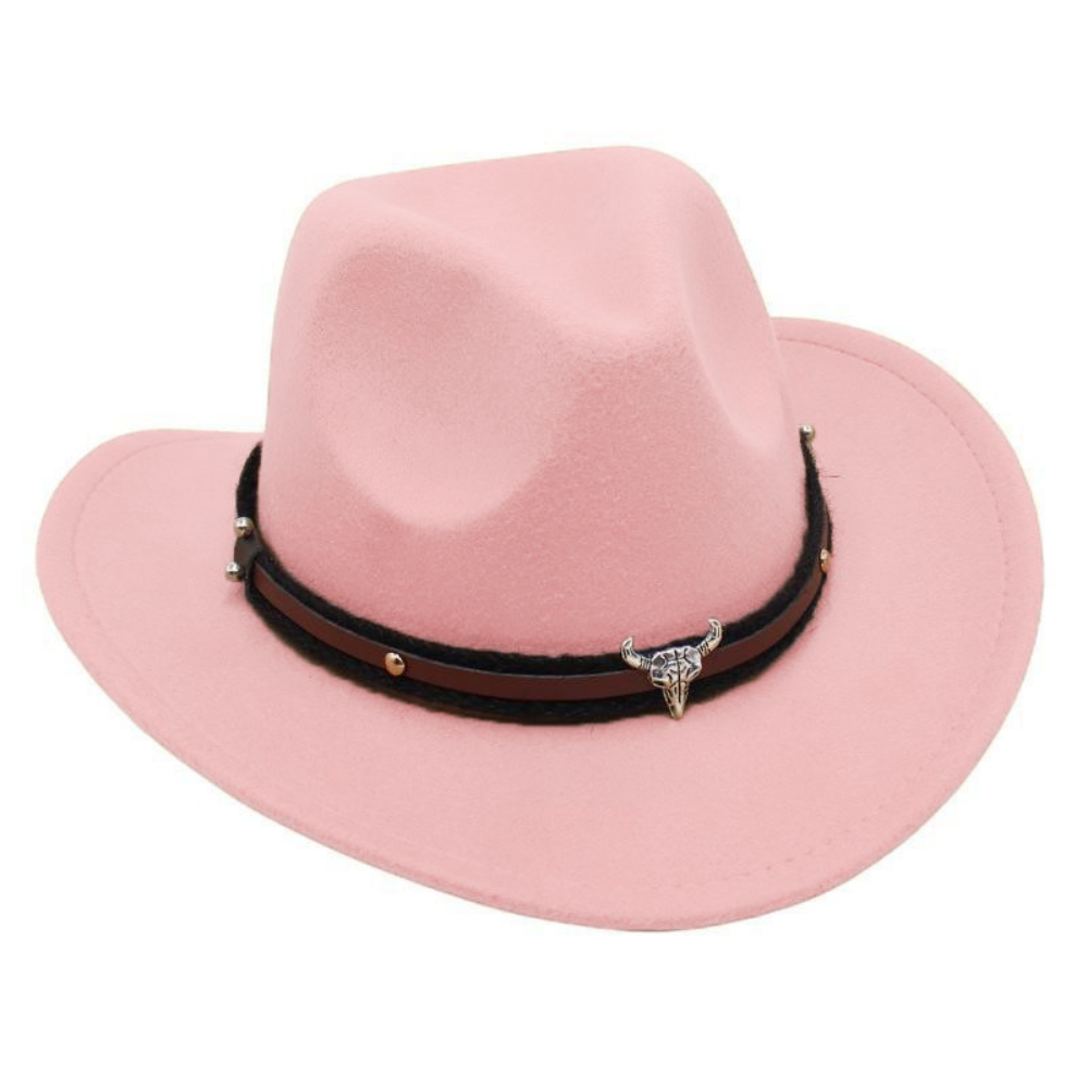 Retro American Western Cowboy Hat - Silver Bull Head Wide Brim Felt Hat  Knitted Headband, Suitable For Outdoor Riding, Traveling And Photography photo 5