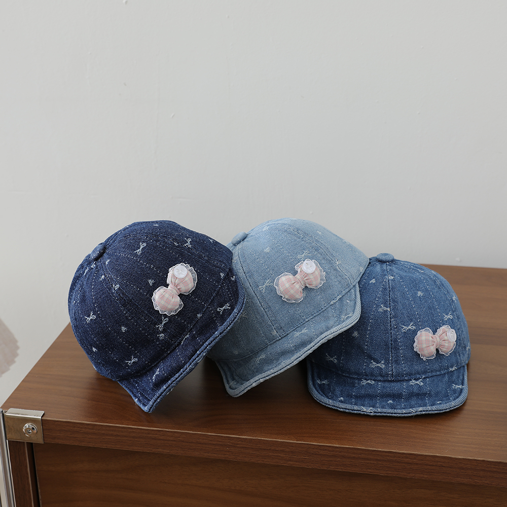 Striped Lace Bow Girl's Denim Baseball Cap, Baby-sized, Washed, Jacquard, Frayed, Heart-shaped Soft Brim Hat photo 8