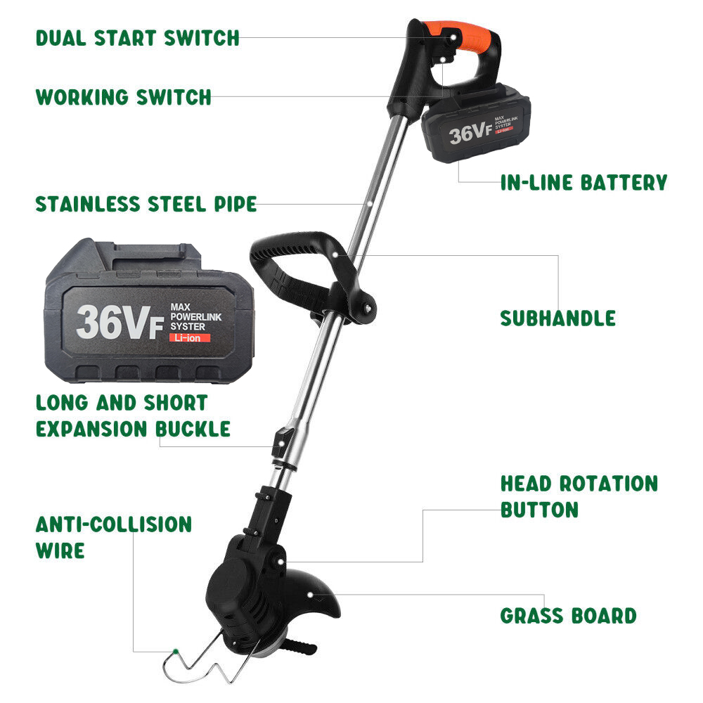 Cordless Grass Trimmer Electric Lawn Mower Whipper Cutter 36vf Battery For photo 2