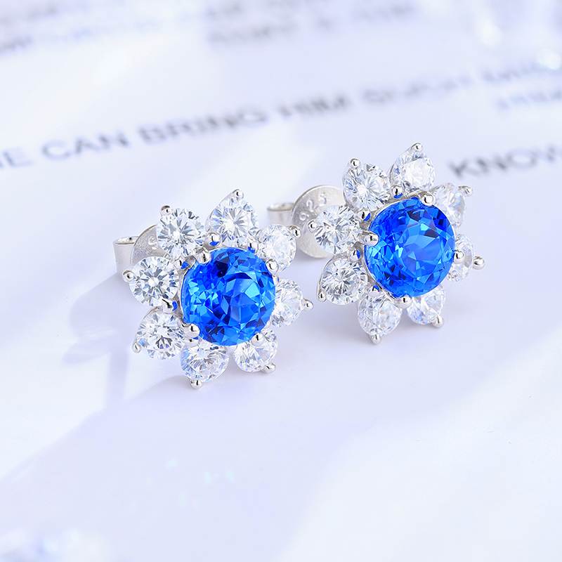 S925 Silver 4.1g Flower Lab-Created Gemstone Earrings, 6.5mm Ruby Sapphire Paraiba Spinel photo 7
