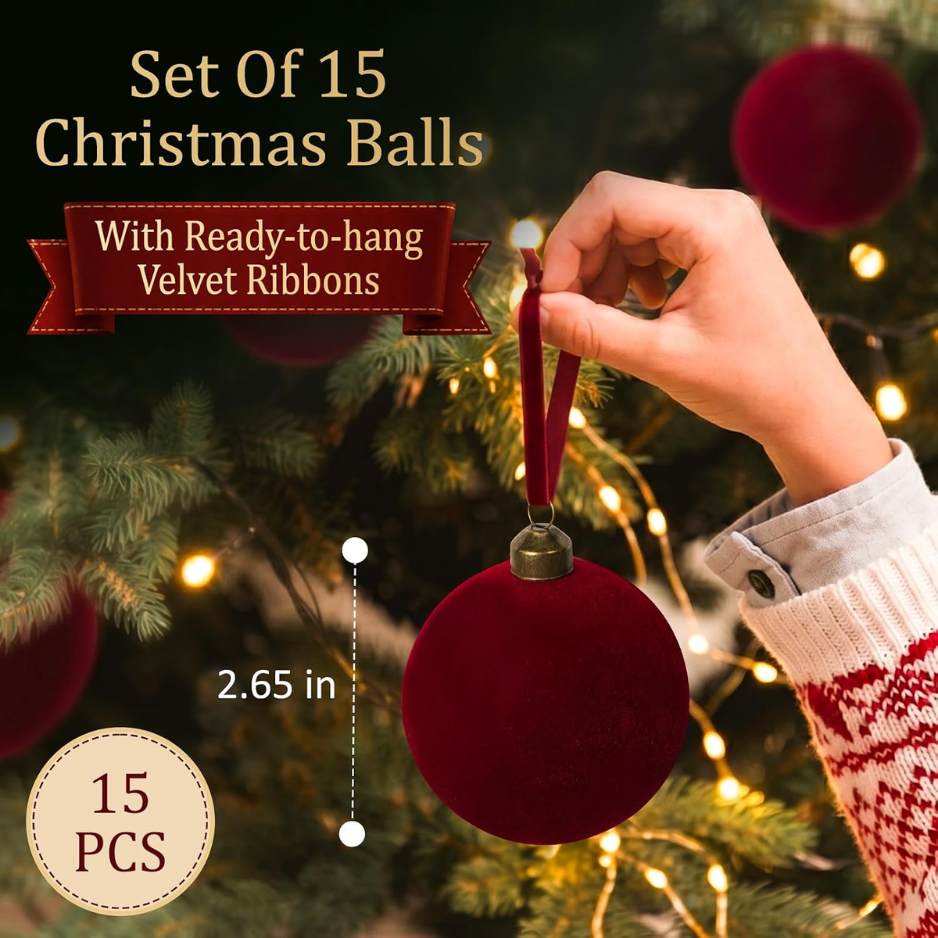 15 Pcs Red Velvet Christmas Decorations Balls, 2.65 Inch Christmas Ornaments For Xmas Tree Decor, Dark Red Flocked Ball For Family Holiday Party Valentines photo 5