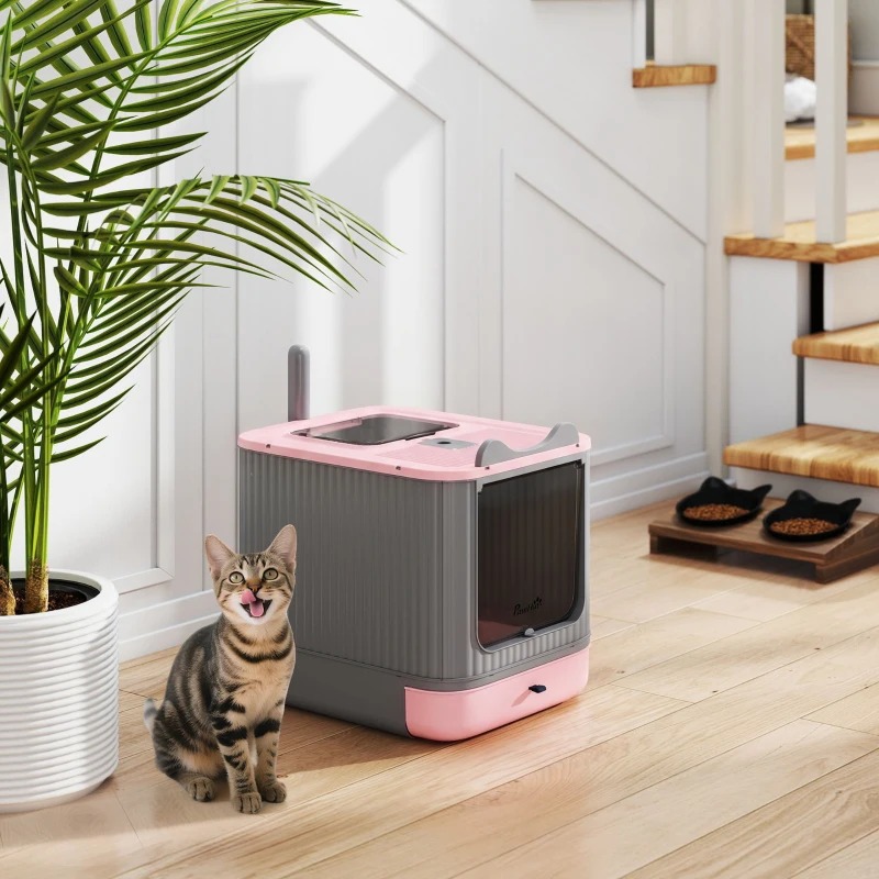 Cat Litter Box With Lid, Enclosed Litter Box For Medium Cats, Front-Entry And Top-Exit, Scoop, Deodorizer Bag, Pink photo 8