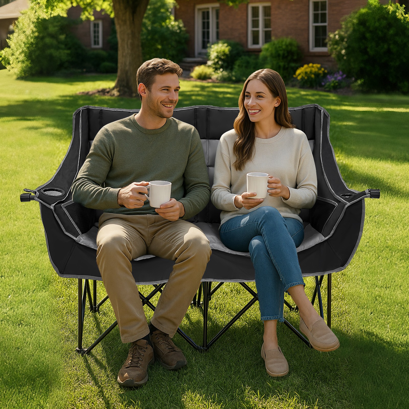 Double Camping Chair, Folding 2 Person Camping Chair Loveseat With Cup Holder photo 4