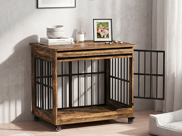 38in  Dog Crate Furniture, Double Door Wooden Indoor Dog Kennel Furniture, Decorative Pet Cage End Table With Wheels For Large And Medium Breed Dogs, Size L, Greige photo 2
