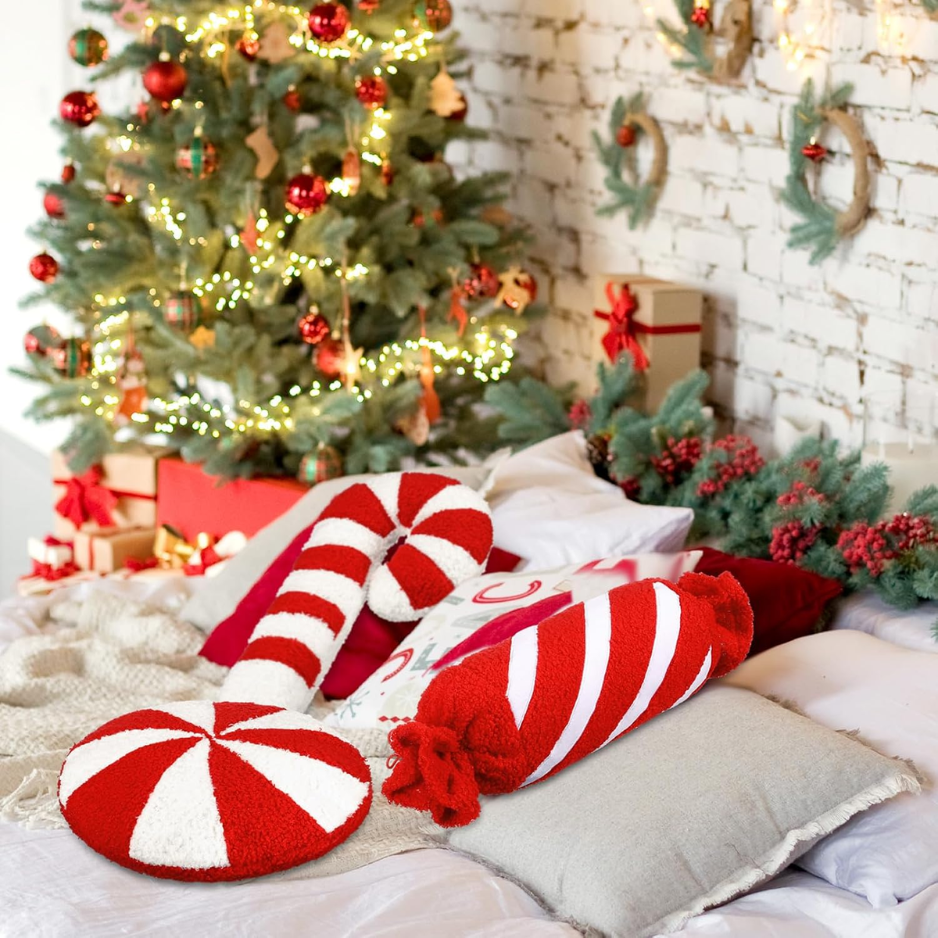 3Pcs Christmas Red Candy Shape Throw Pillows, Festive Holiday Decor photo 7