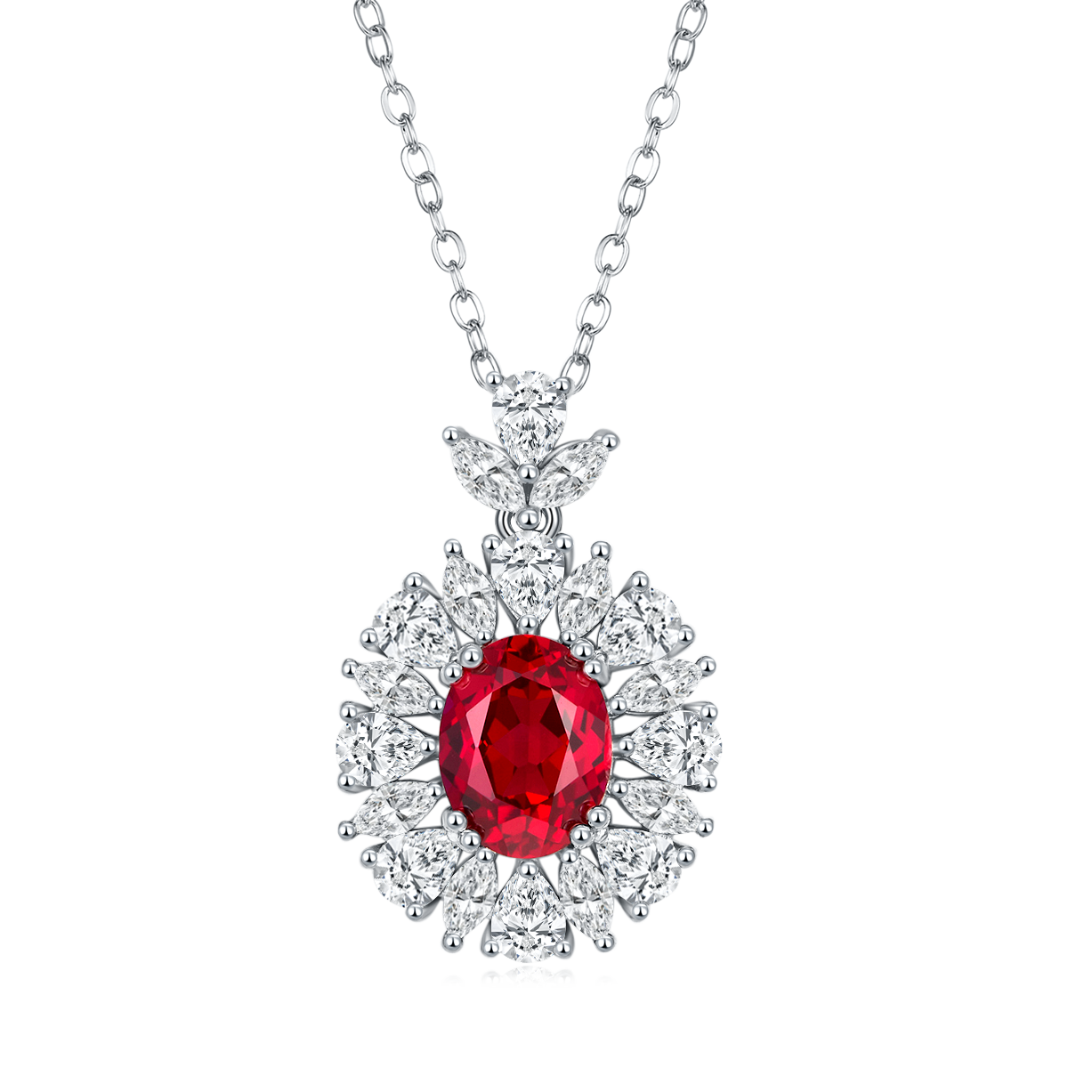 S925 Silver 4.6g Platinum Plated 2ct Lab-Created Ruby Necklace, 9x7mm Vintage Halo, 40&5cm photo 1