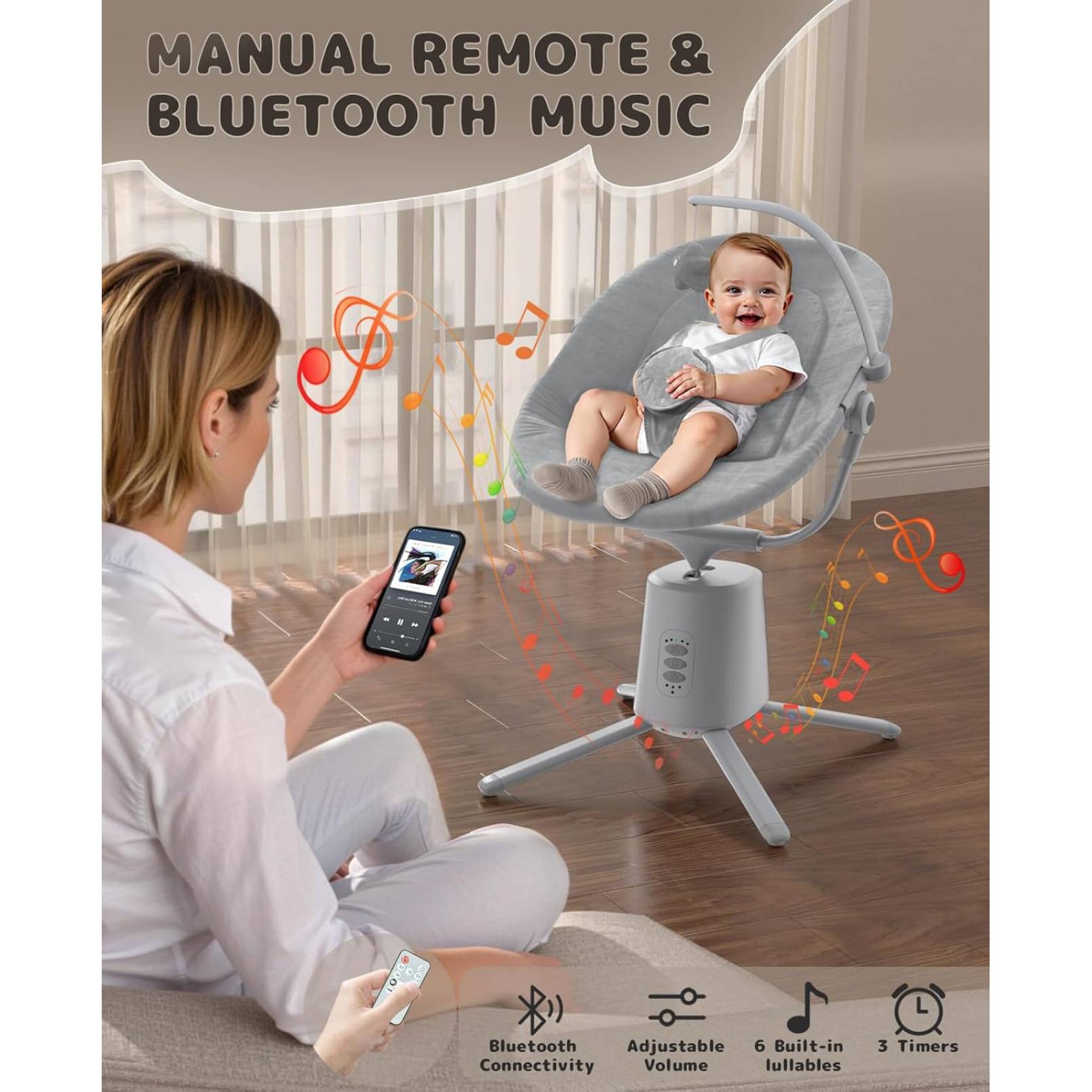 Baby Swing,Baby Swings For Infants With 3 Modes & 5 Speeds BT Enabled App & Remote Control, Electric Swing 6 Melodies And 3 Timer Setting photo 2