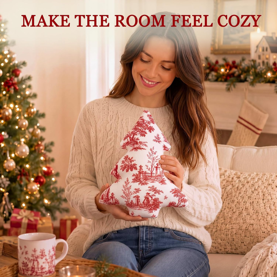 3 Pcs Red Toile Christmas Tree Pillows Vintage Cushion Decor photo 3