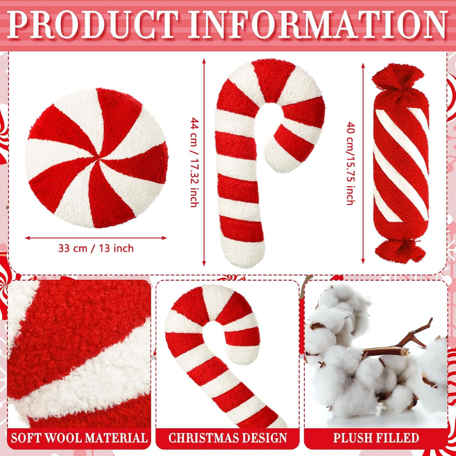 3Pcs Christmas Red Candy Shape Throw Pillows, Festive Holiday Decor photo 4