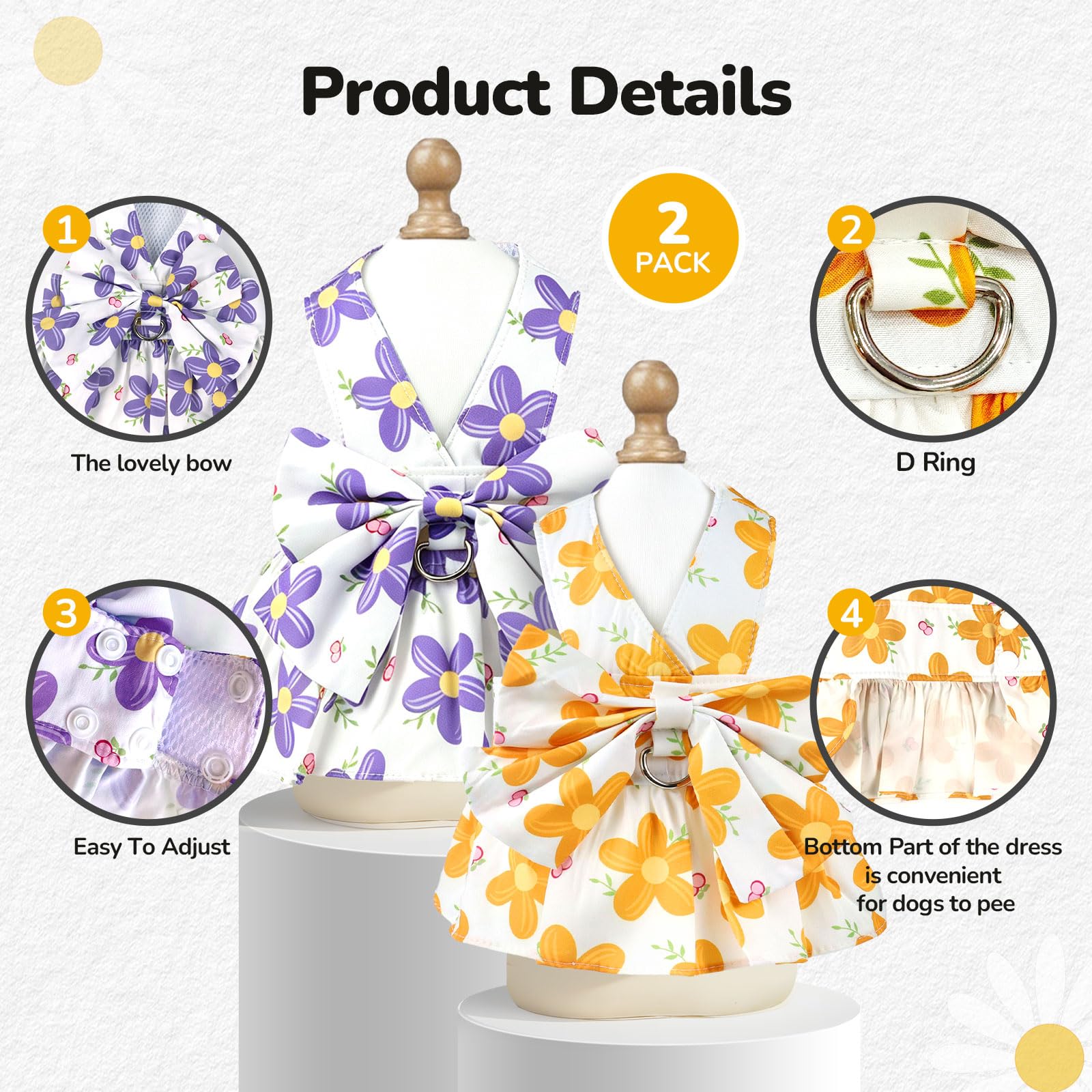 2Pack Small Dog Harness Dress For Girl Puppy Cat Dress With Flower Pattern Bow Adjustable Breathable Lining Back D-Ring Cute Outfits For Small Puppy, Cat Dresses For Cats Only Or Dog Girl Clothes photo 3