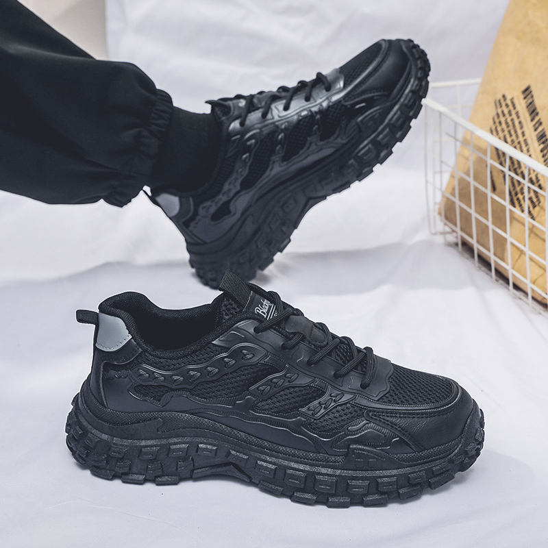 Men Black Safety Work Sneakers, Breathable Anti-slip Tire Sole Height Boost Trendy Dad Shoes photo 4