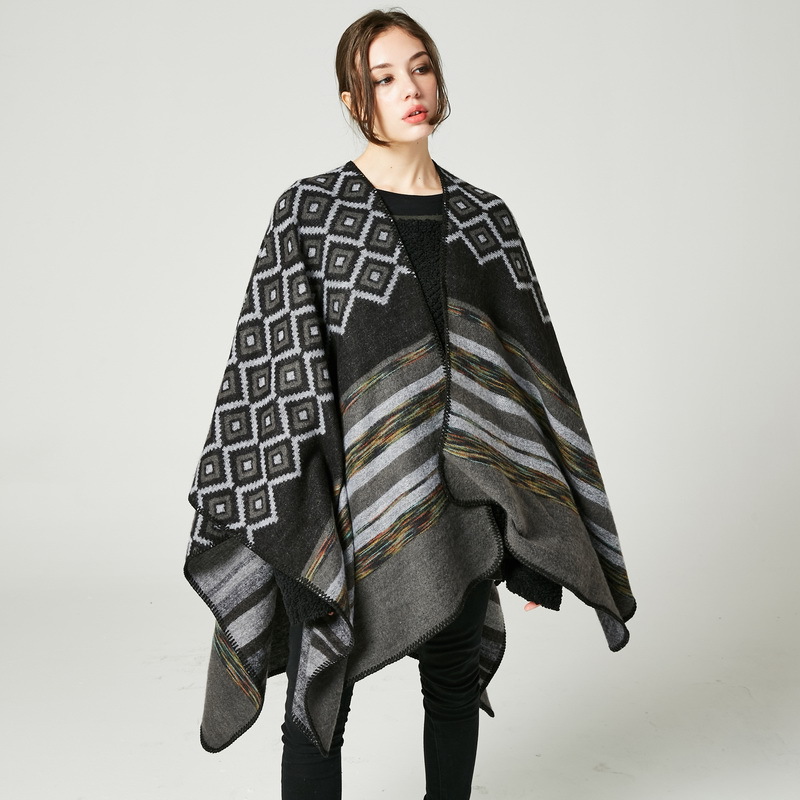 Women's Rhombus Color Striped Shawl, Women's Double-Sided Wearable Outdoor Travel Poncho photo 5
