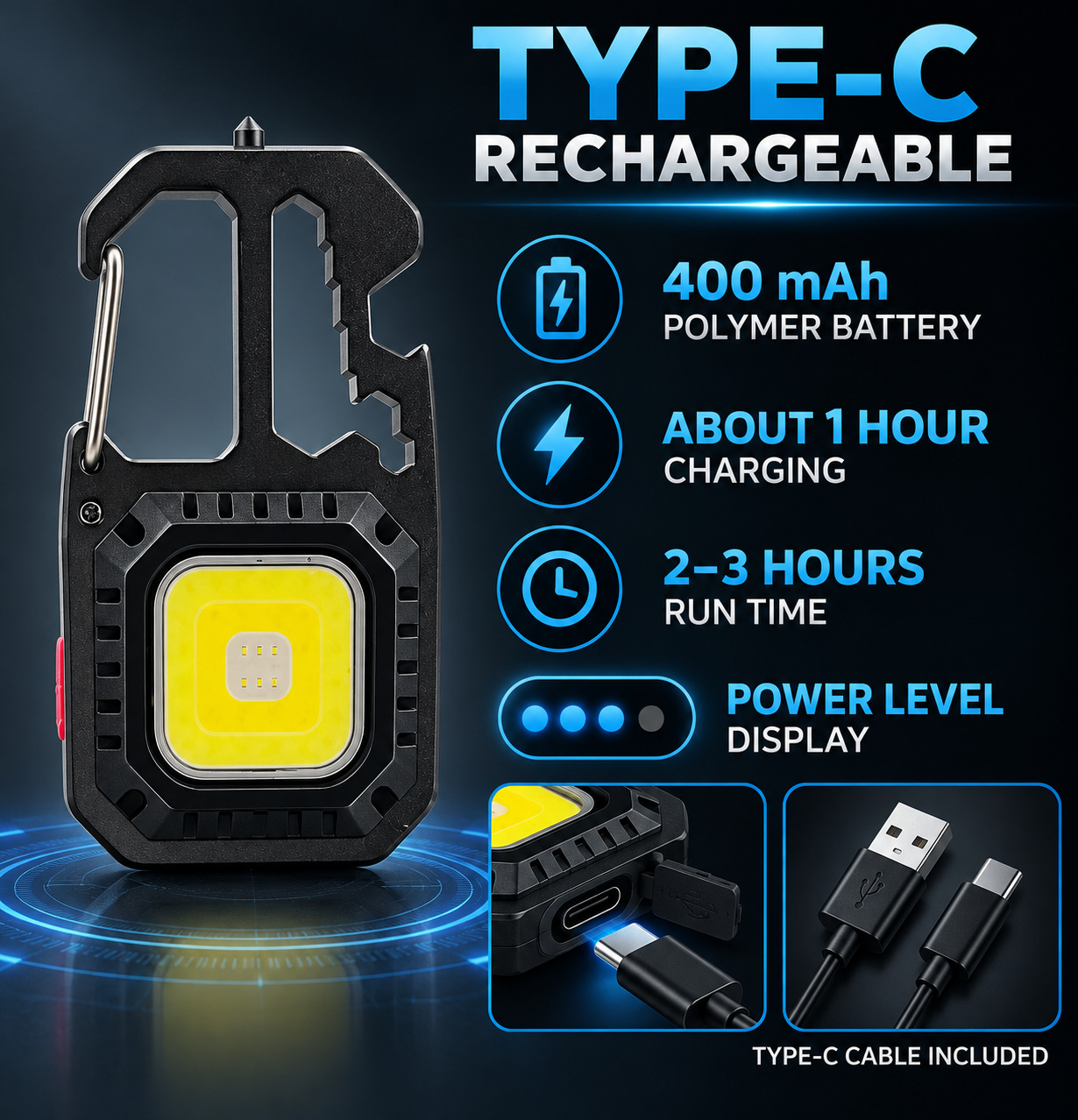 Rechargeable Battery Display Type C COB LED Work Light Hanging Hook W5138 600LM Flashlight Window photo 8