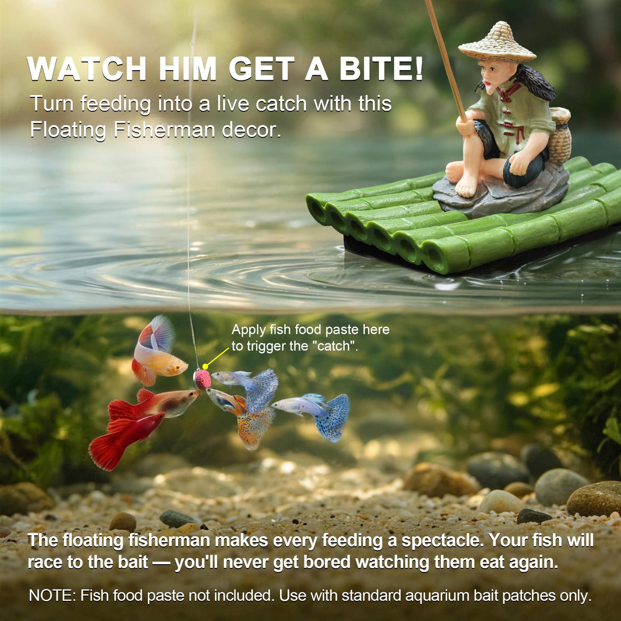 2-in-1 Floating Aquarium Decor, Interactive Floating Fish Tank Fisherman Decorations On PVC Bamboo Raft With Stable EVA Pad Buoyancy For Guppy, Small Schooling Species, Paludarium And Zen Pond photo 8
