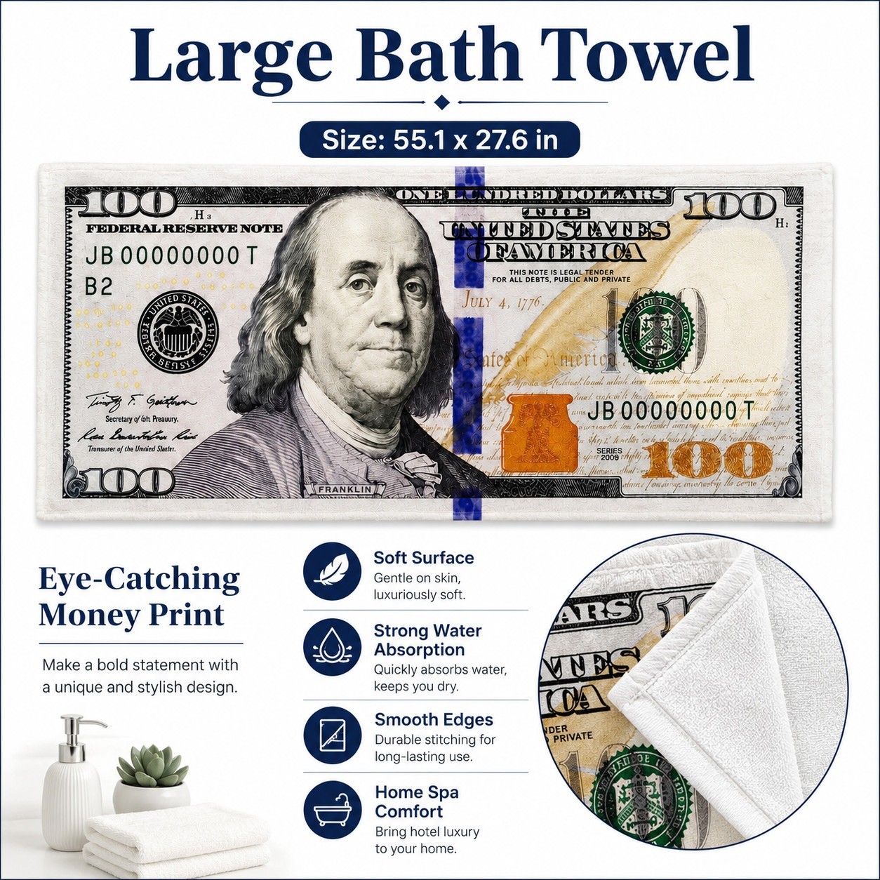 55x28in Cash Print Beach Towel Soft Velour Absorbent US Dollar Seaside Pool Towel photo 8