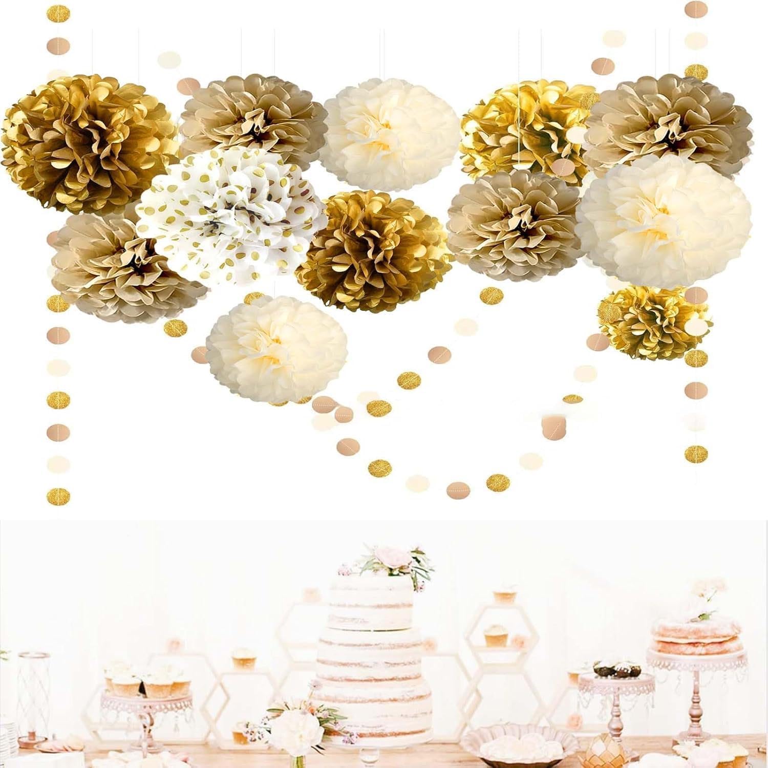 Gold White Tissue Paper Pom Poms 12 Units, Hanging Party Decorations For Wedding, Engagement, Birthday, Bridal Shower And Bachelorette photo 3