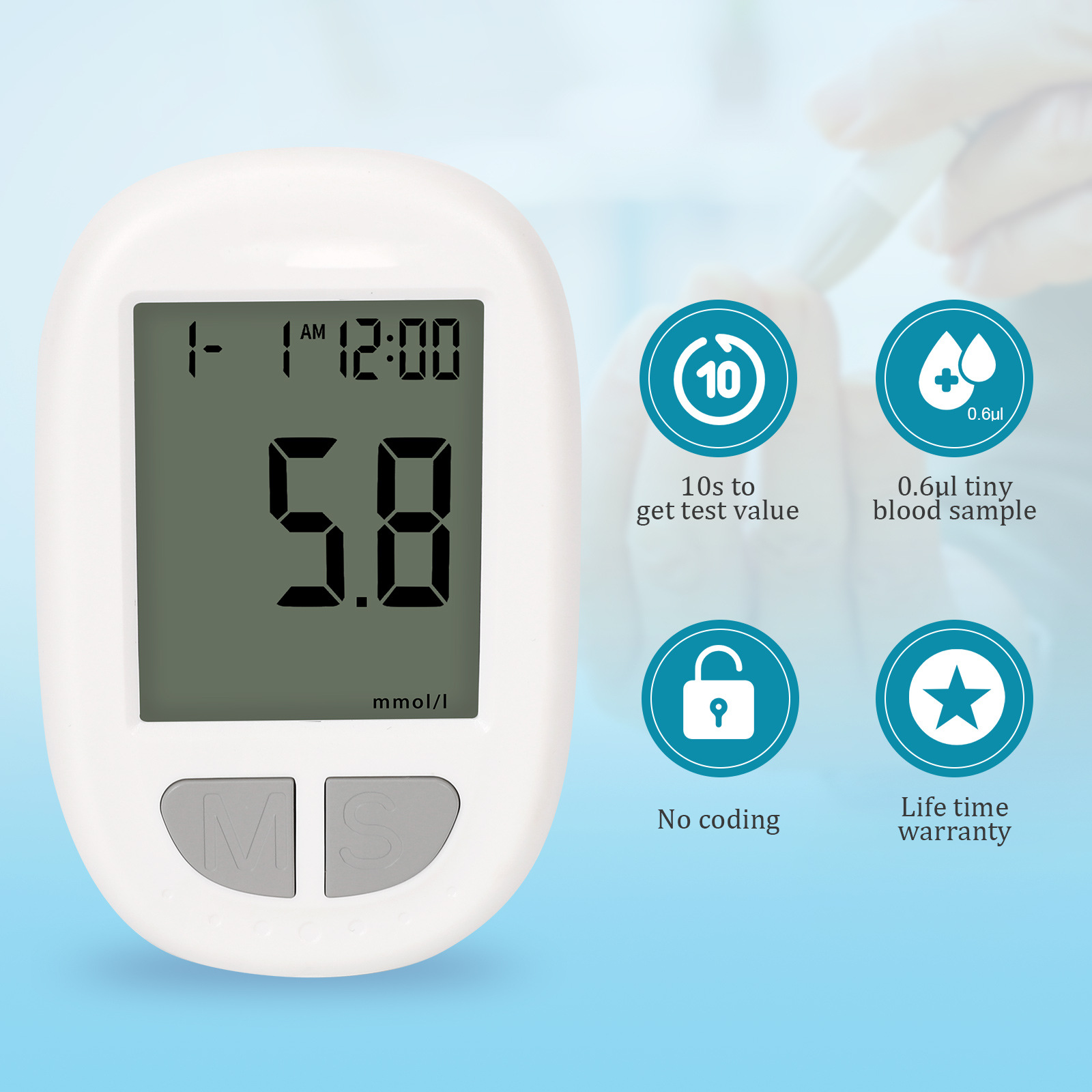 Portable Blood Glucose Meter Kit - Auto Coding, Fast 10s Results, Includes 50 Test Strips & 50 Lancets photo 6