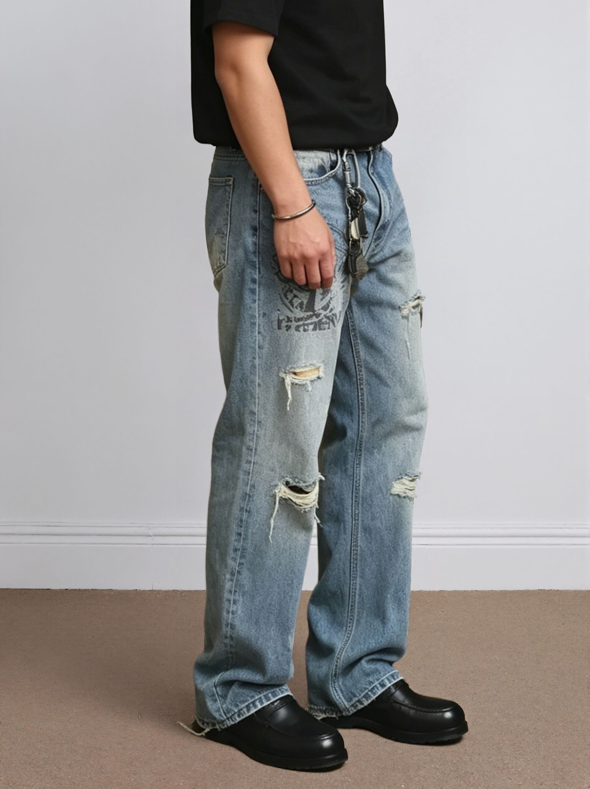 Graphic Print Jeans Men Relaxed Fit Light Blue Denim Pants Distressed Streetwear Plus Size Big Tall Ready Stock photo 6