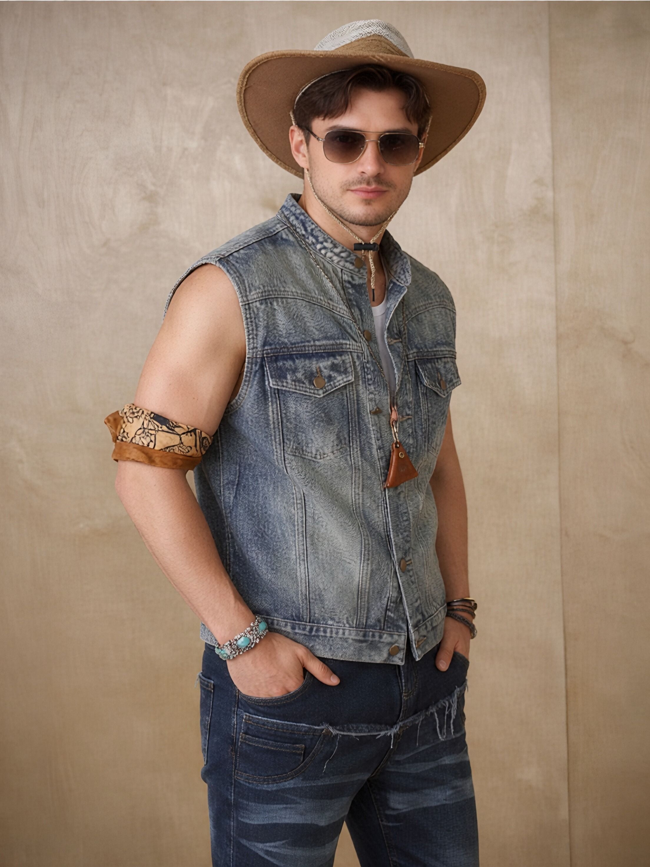 Vintage Washed Denim Vest Men Blue Sleeveless Jean Jacket Retro Casual US Local Stock photo 2