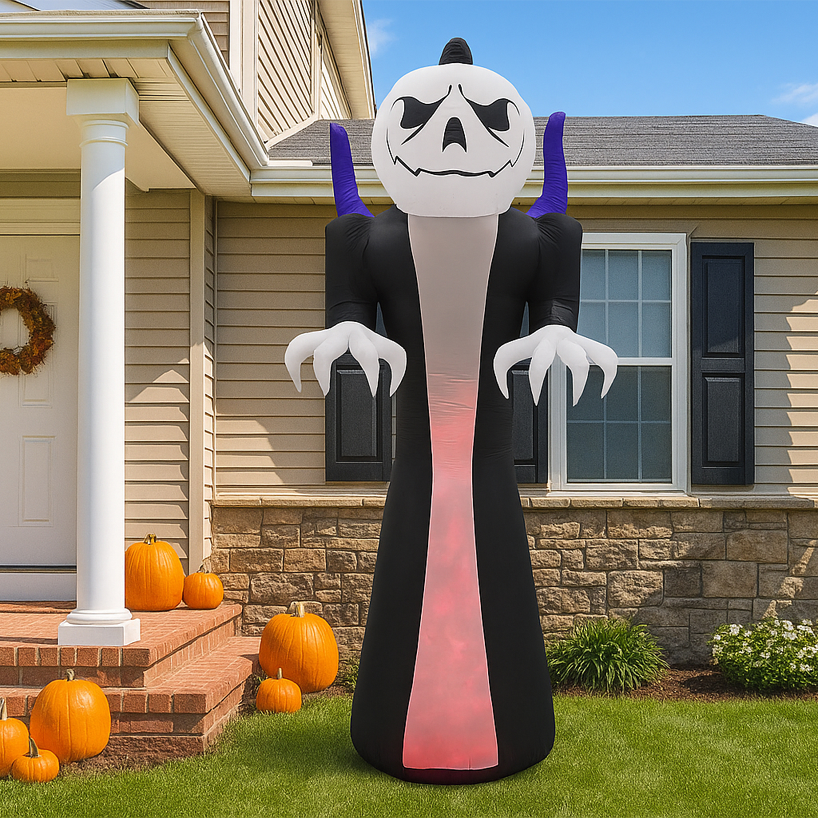 12ft Pumpkin Head Grim Reaper 1 Tri-Colored Flame Light Halloween Inflatable Decoration 12V photo 1