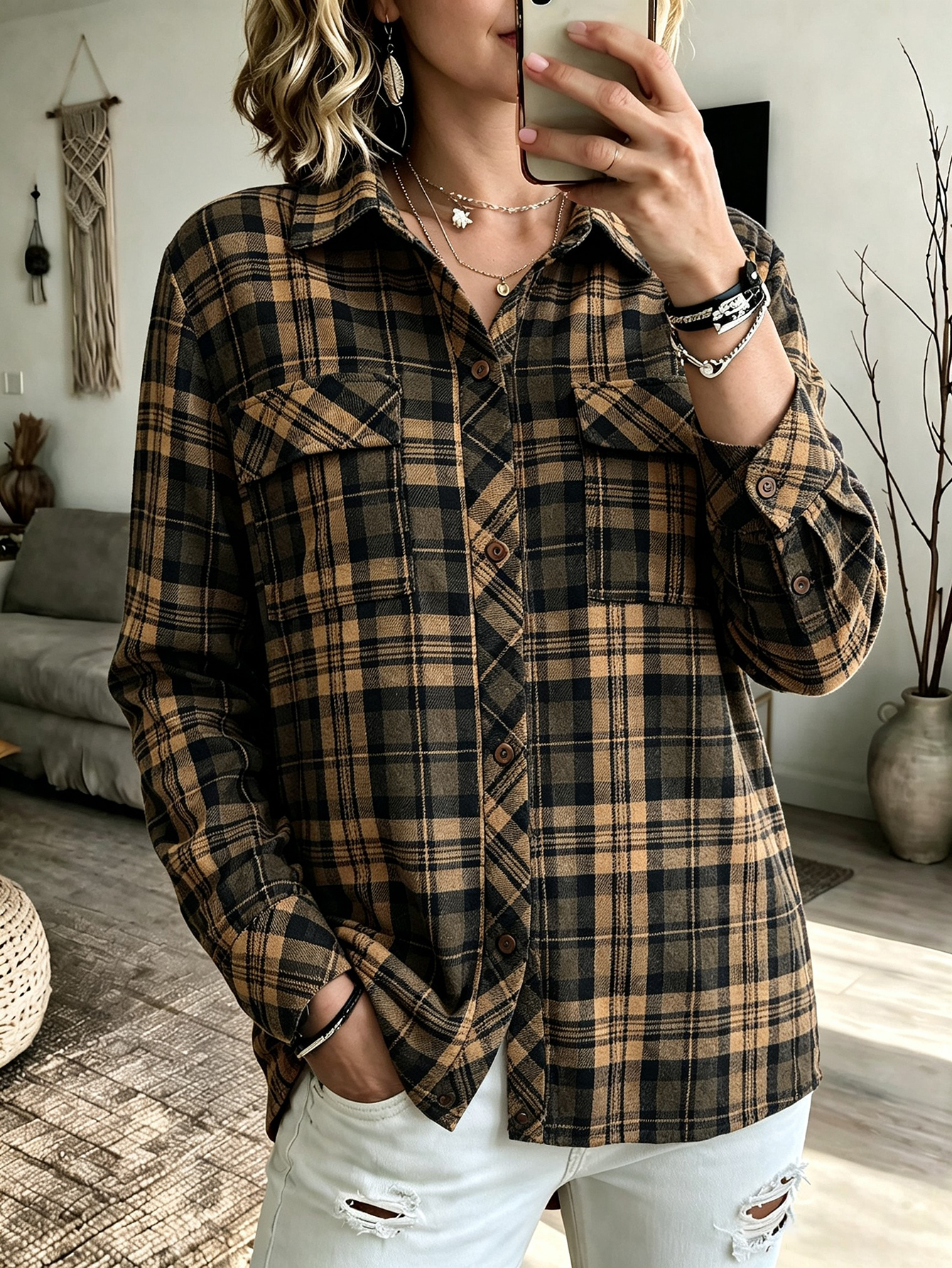 Women Plaid Flannel Shirt Jacket Long Sleeve Lapel Button Down Shackets With Chest Pockets For Fall photo 1