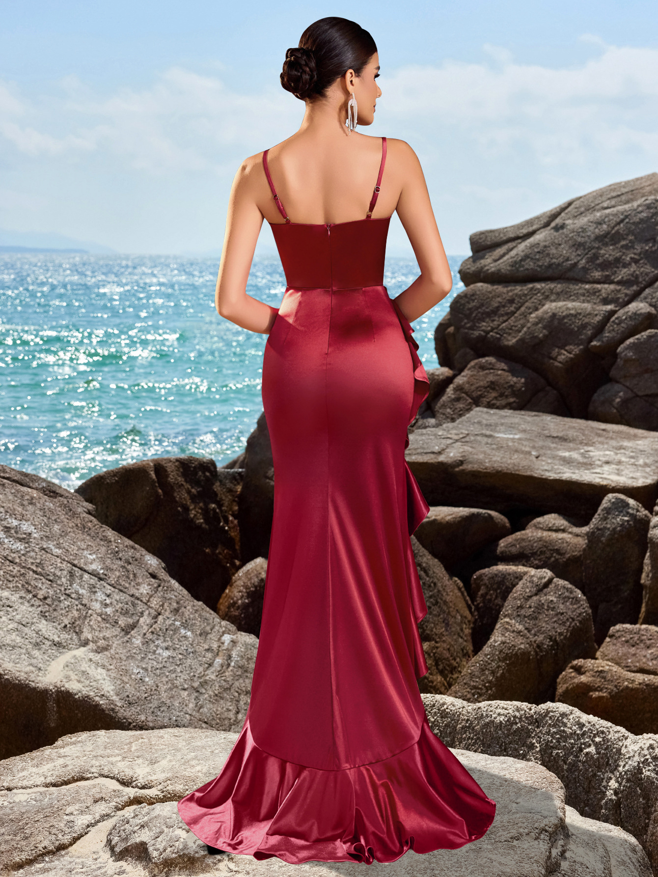 Sexy Wine Red Toasting Long Dress With Thin Straps And Ruffled Lace, Wedding And Party Evening Gown photo 2