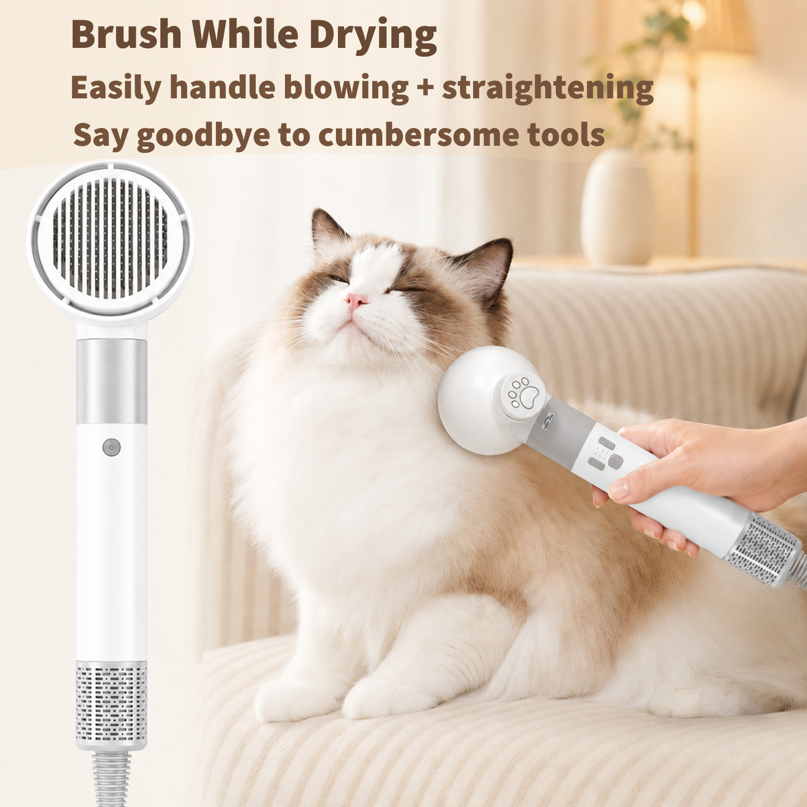 Pet Hair Dryer Brush 2-in-1, 1100W Low Noise Dog Grooming Blower Comb With Slicker Brush, 3 Heat 3 Speed, Massage Pins,  Airflow For Small Medium Dogs & Cats photo 3