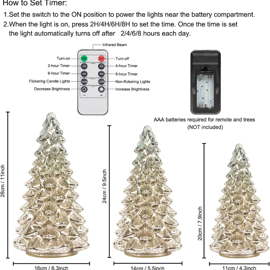 Lighted Glass Christmas Tree Figurine With Timer Set Of 3 Mercury Glass Christmas Decoration photo 4