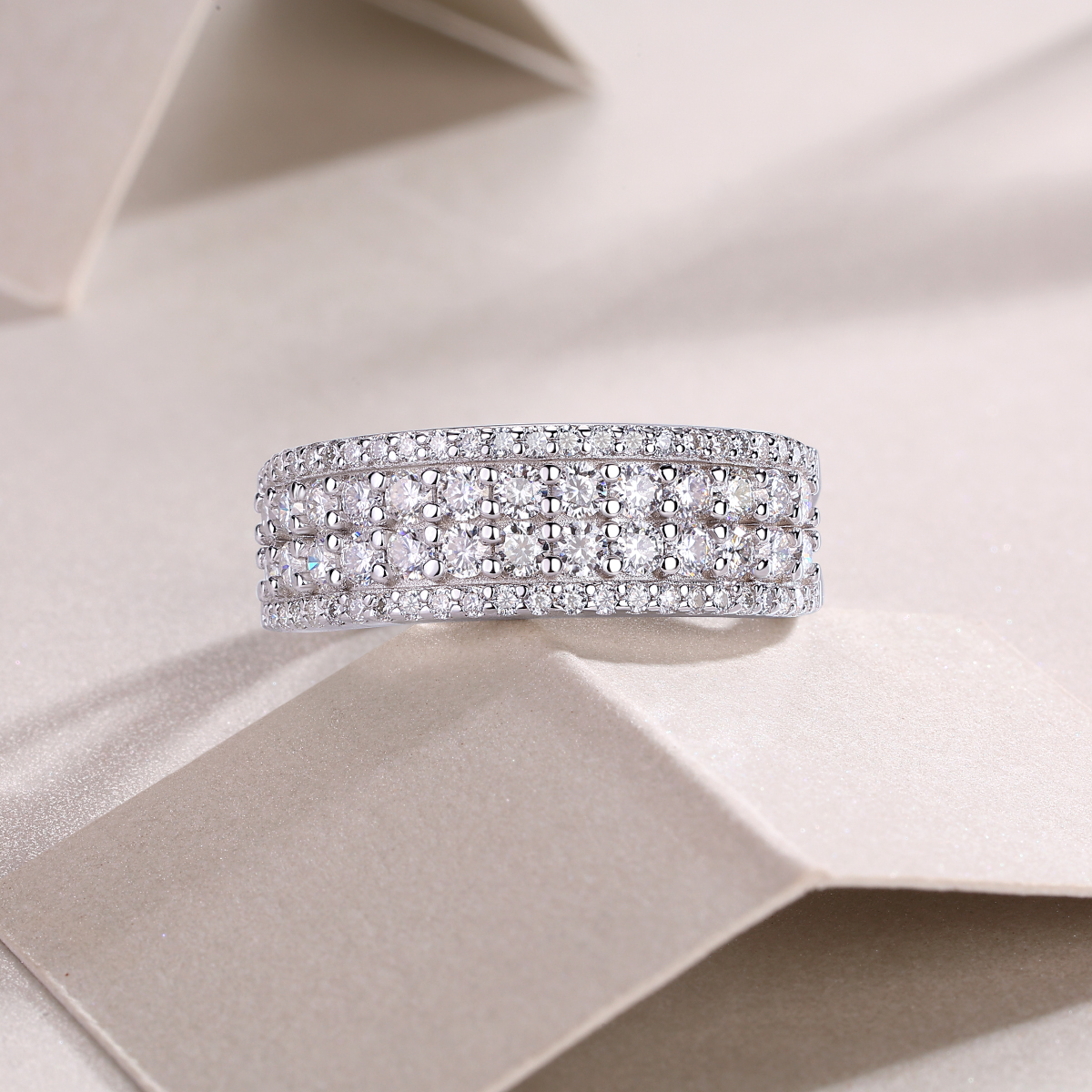 S925 Silver 3.6g Platinum Plated Moissanite Ring, 7.5mm Triple Row Pave Band, GRA Certified US 5-9 photo 3