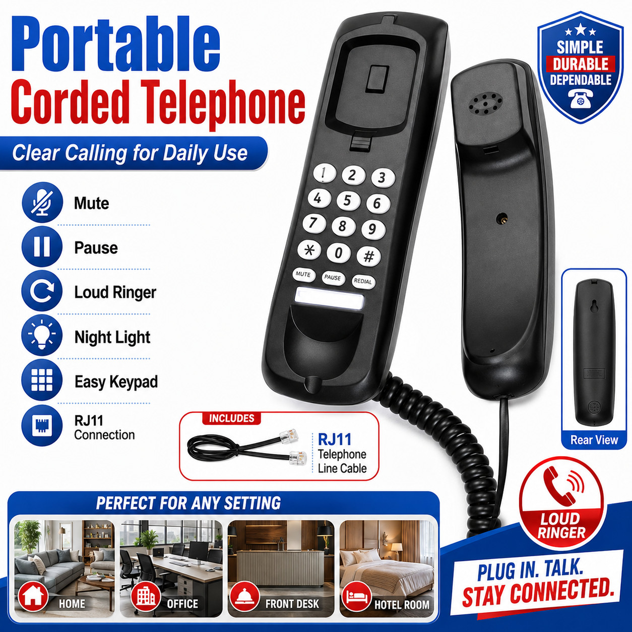 Small Corded Landline Phone Mini Desktop Wall Mount Telephone Home Office Hotel photo 2